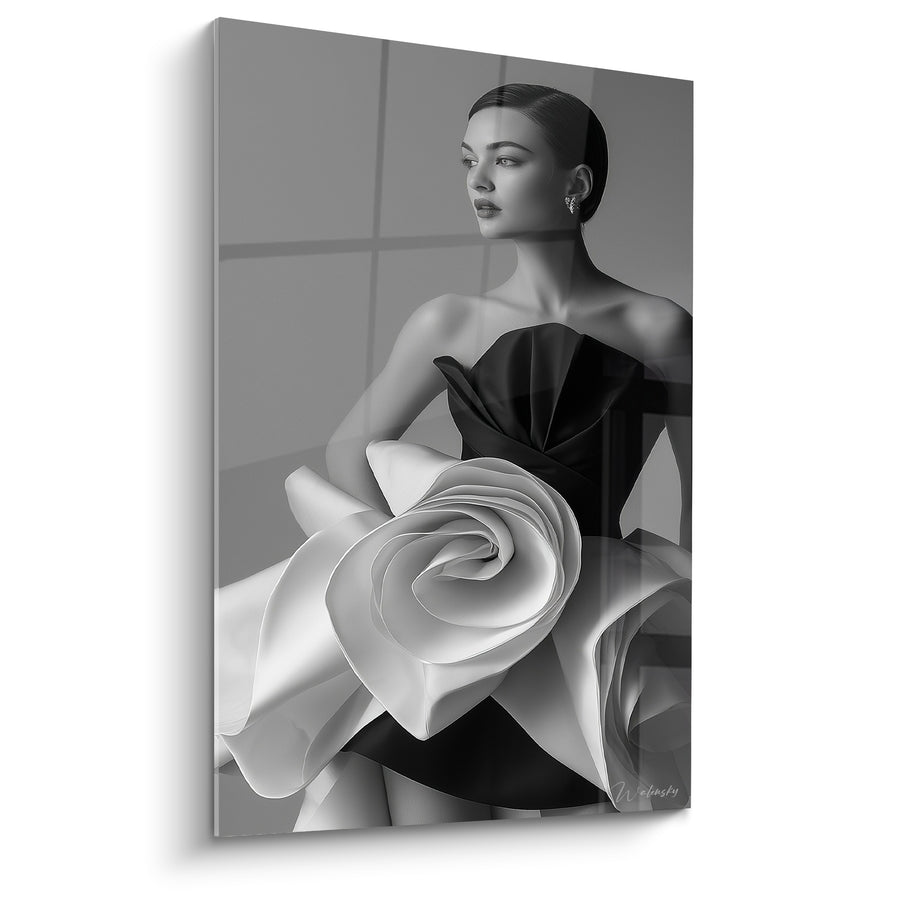 Tableau Robe fleur blanche géante bustier noir - Boucles d'oreilles scintillantes - Edition Mode noir et blanc