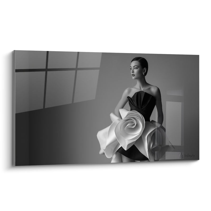 Tableau Robe fleur blanche géante et corset noir - Reflet fenêtre au sol - Edition Mode noir et blanc