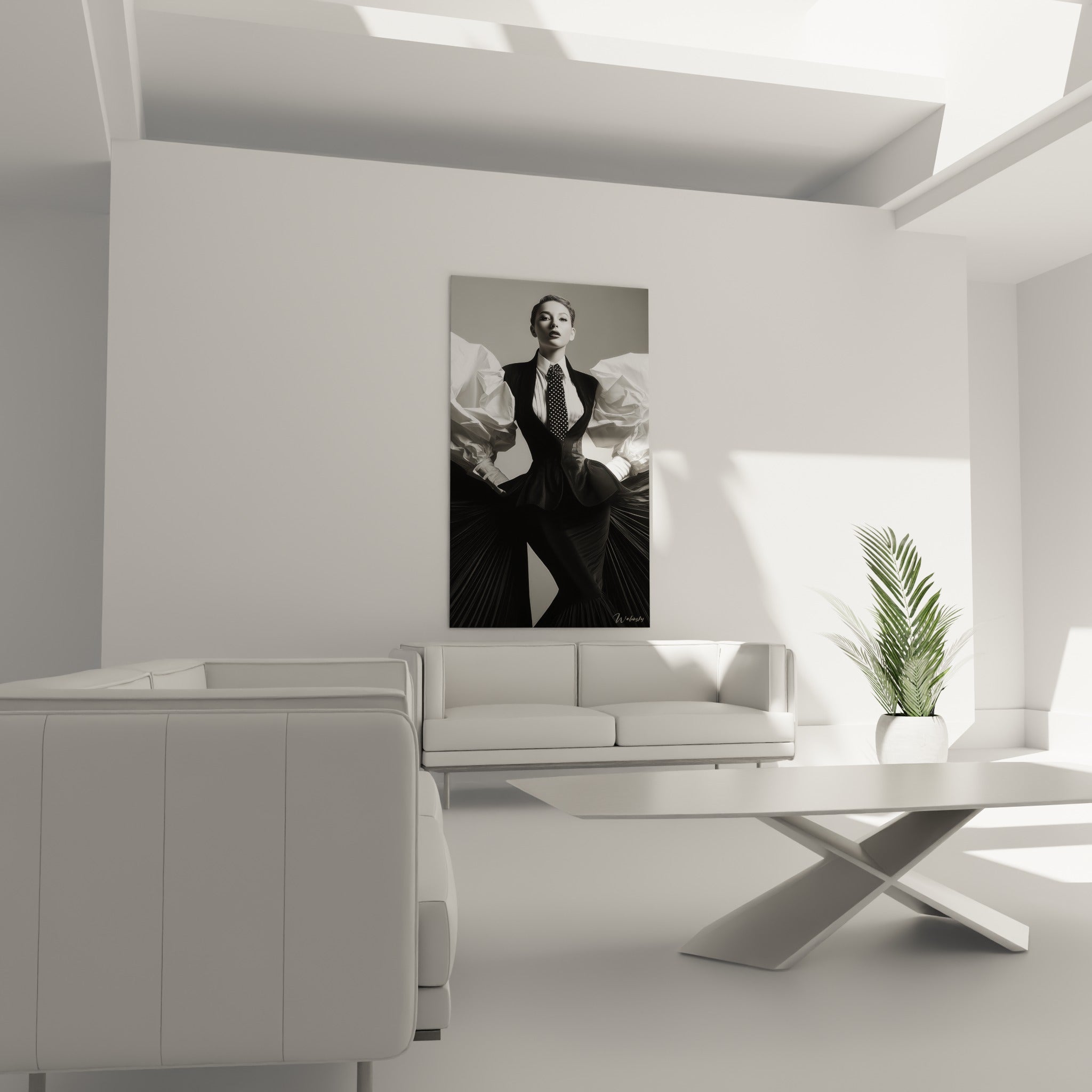 Ensemble structuré du tableau Mode noir et blanc suspendu au-dessus d'un canapé dans un salon lumineux