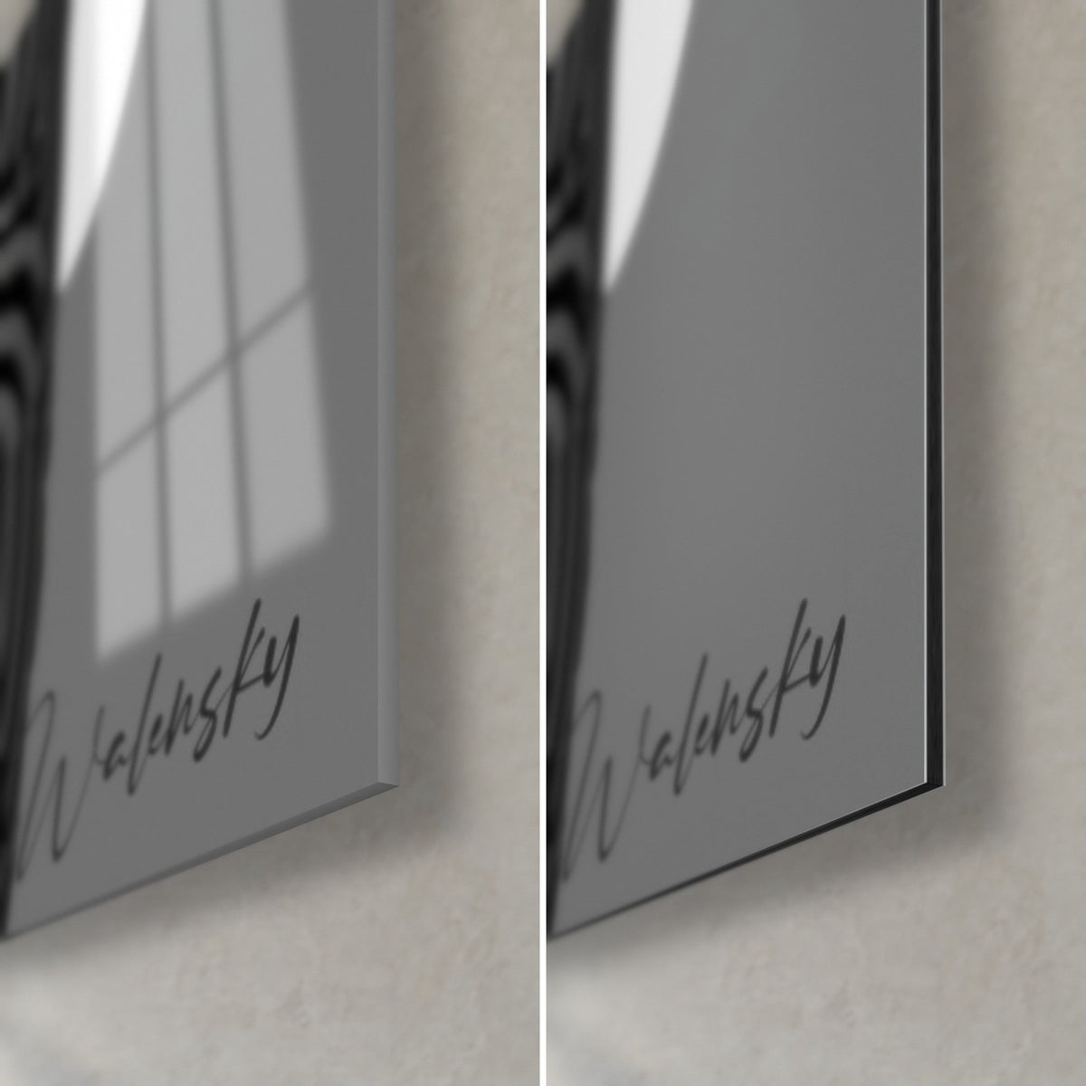 Quadro donna con occhiali da sole neri, angolo in basso a destra: vetro acrilico lucido che riflette una finestra, alluminio Dibond grigio opaco, spessore di 3 mm e firma Walensky