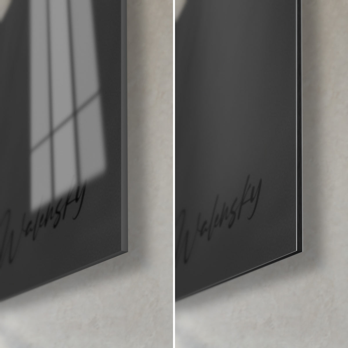 Gemälde Silhouette in einem schwarz-weißen Kleid, untere rechte Ecke: glänzendes Acrylglas links, mattes graues Dibond rechts, feine Kante