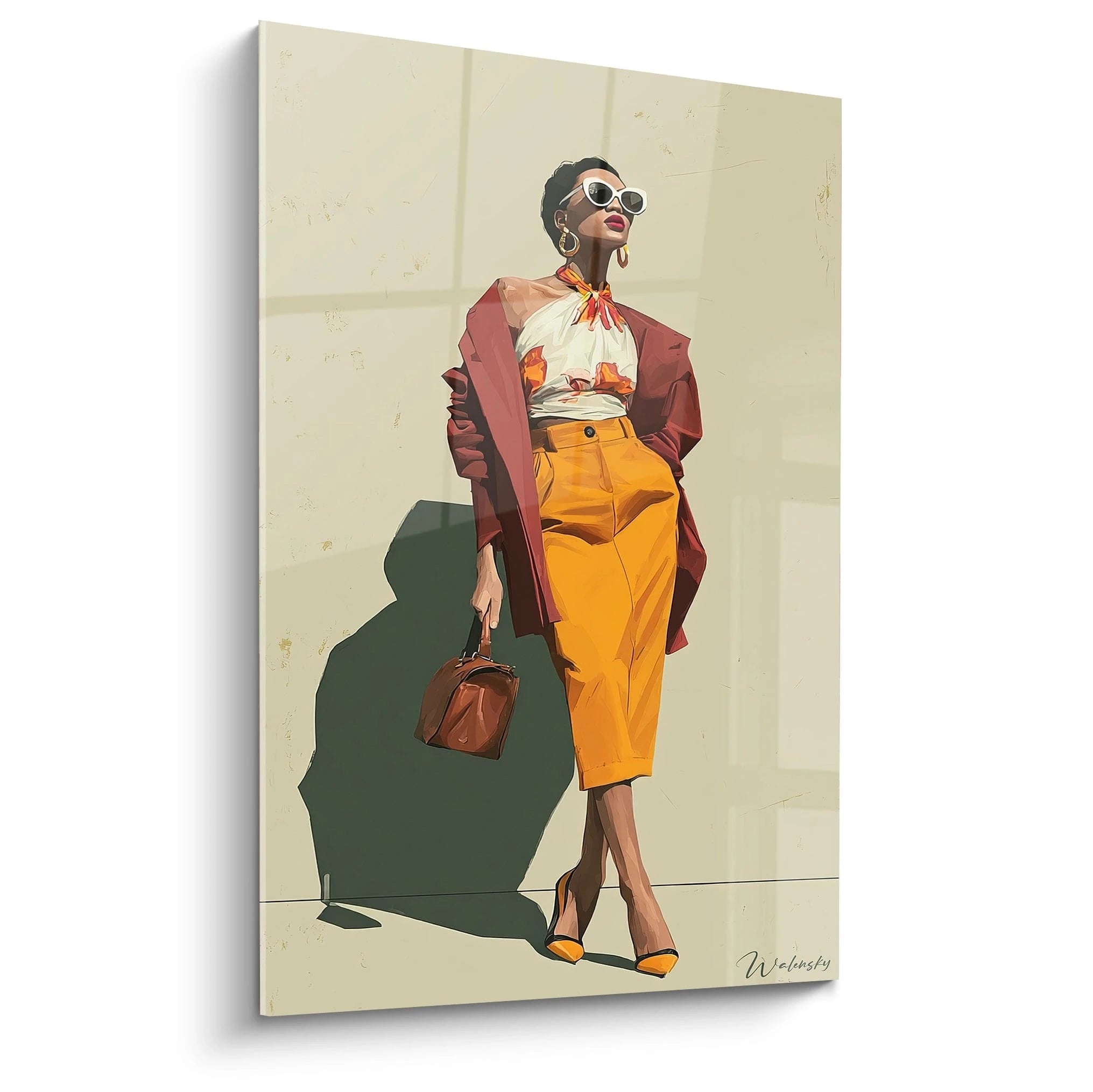 Tableau mode parisienne représentant une femme élégante avec des lunettes de soleil et un sac à main.