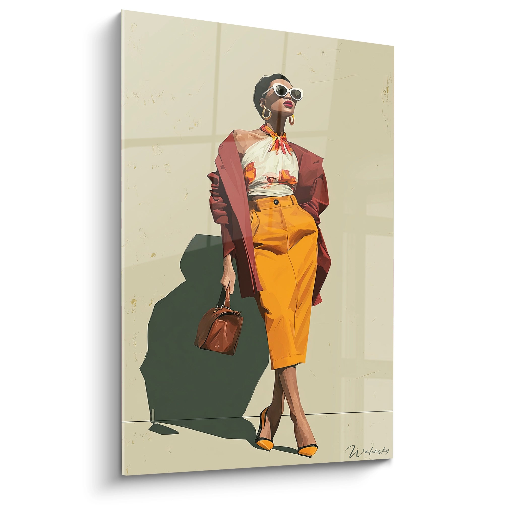 Tableau mode parisienne représentant une femme élégante avec des lunettes de soleil et un sac à main.