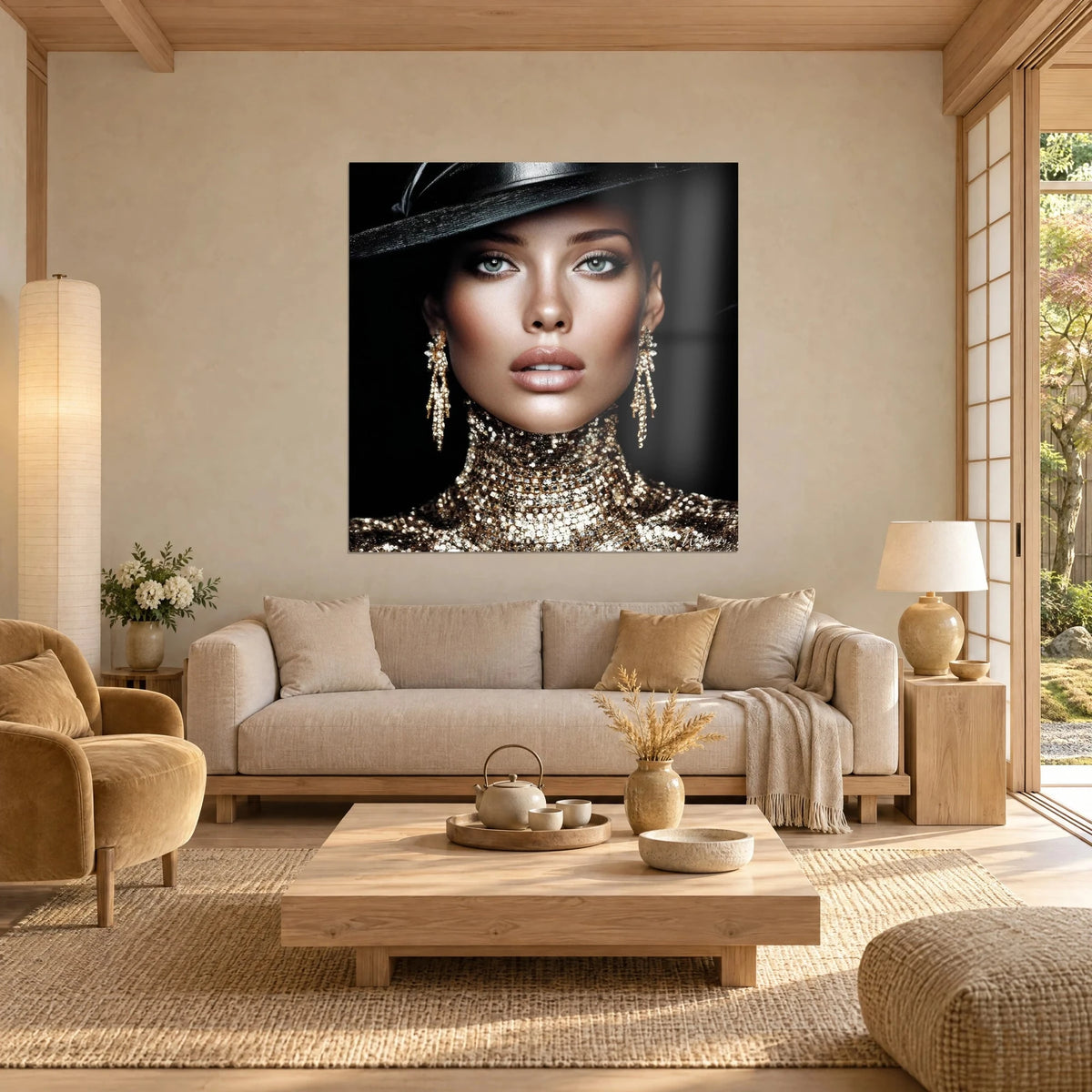 Tableau portrait de mannequin aux yeux verts, chapeau noir et col pailleté doré, au-dessus d'un canapé dans un salon lumineux