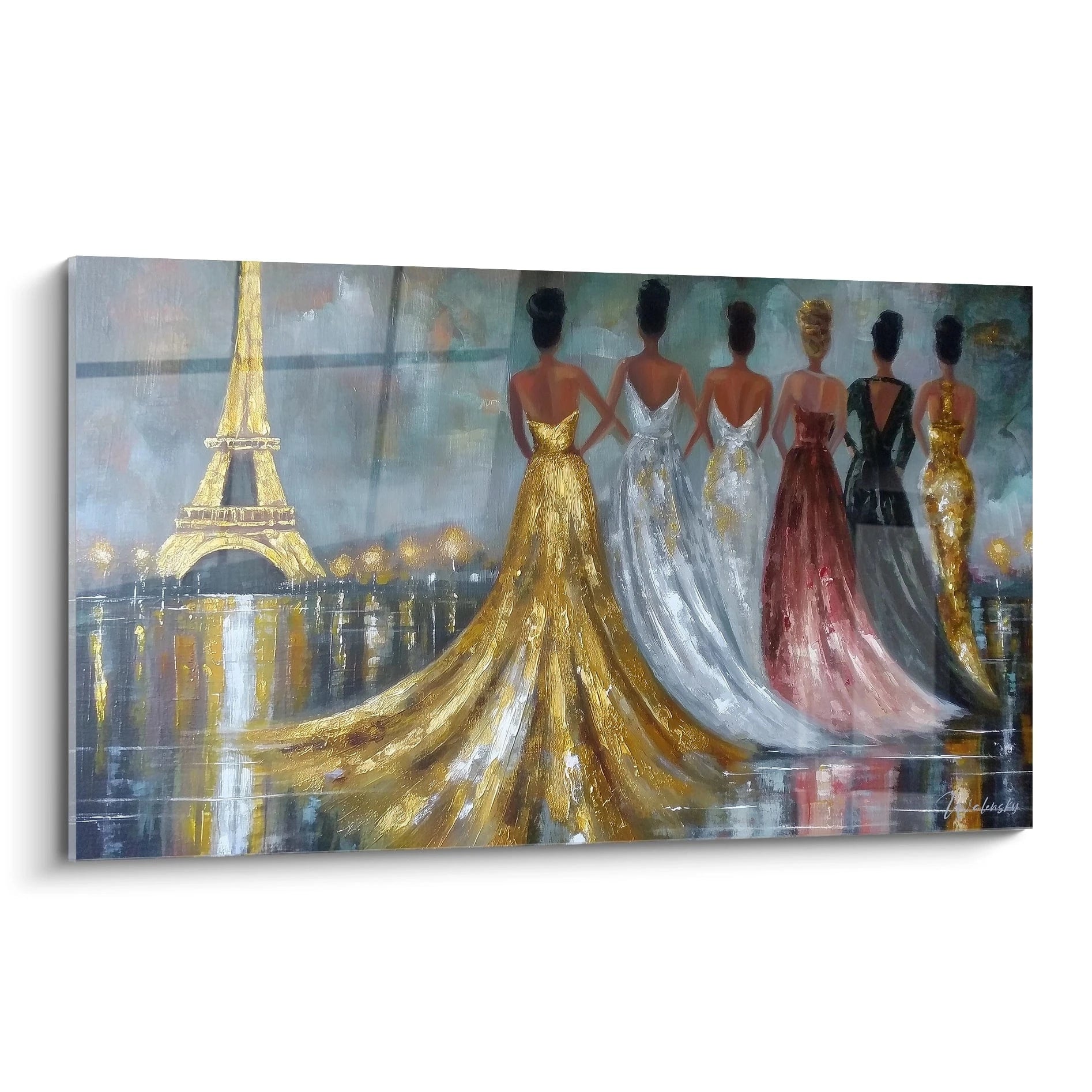 Tableau mural mode parisienne soirée Tour Eiffel avec silhouettes en robe élégante
