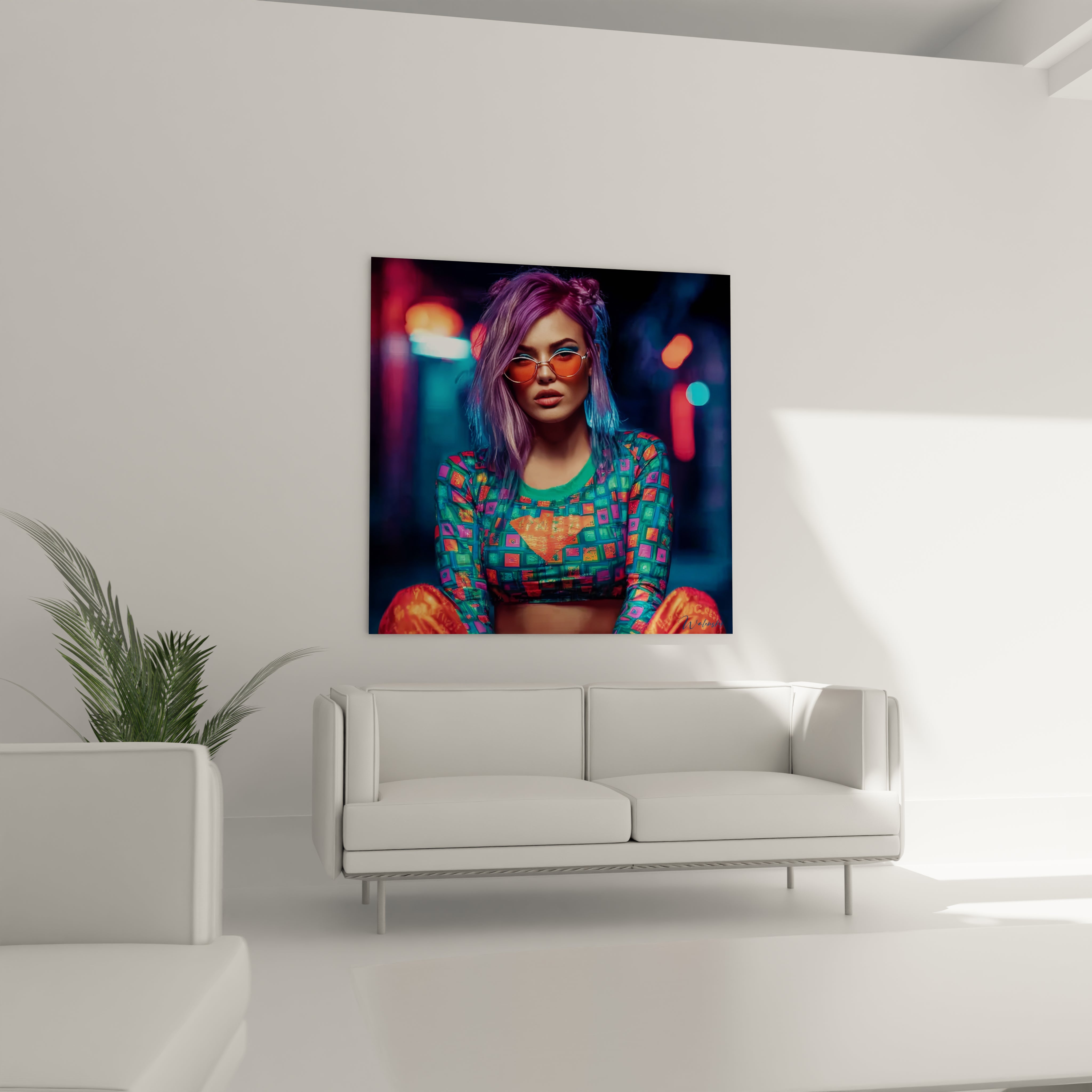 Tableau mural mode urbaine avec une femme aux cheveux colorés et vêtements vifs dans un environnement moderne