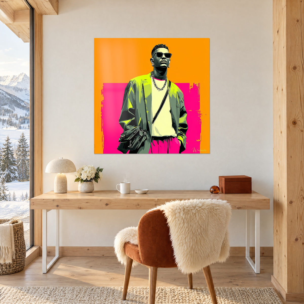 Cuadro joven con look de los años 80, chaqueta amplia verde ácido, fondo naranja vivo y rosa, sobre un escritorio de madera clara
