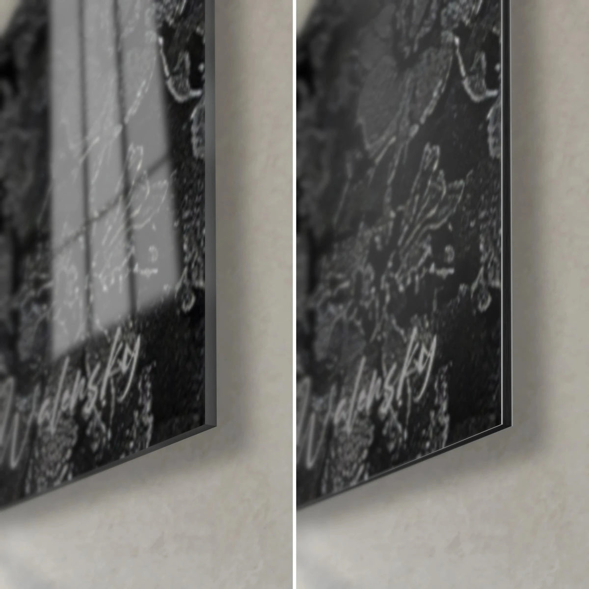 Tableau femme au grand chapeau noir, coin bas droit : verre acrylique brillant à gauche, Dibond gris mat à droite, tranche de 3 mm