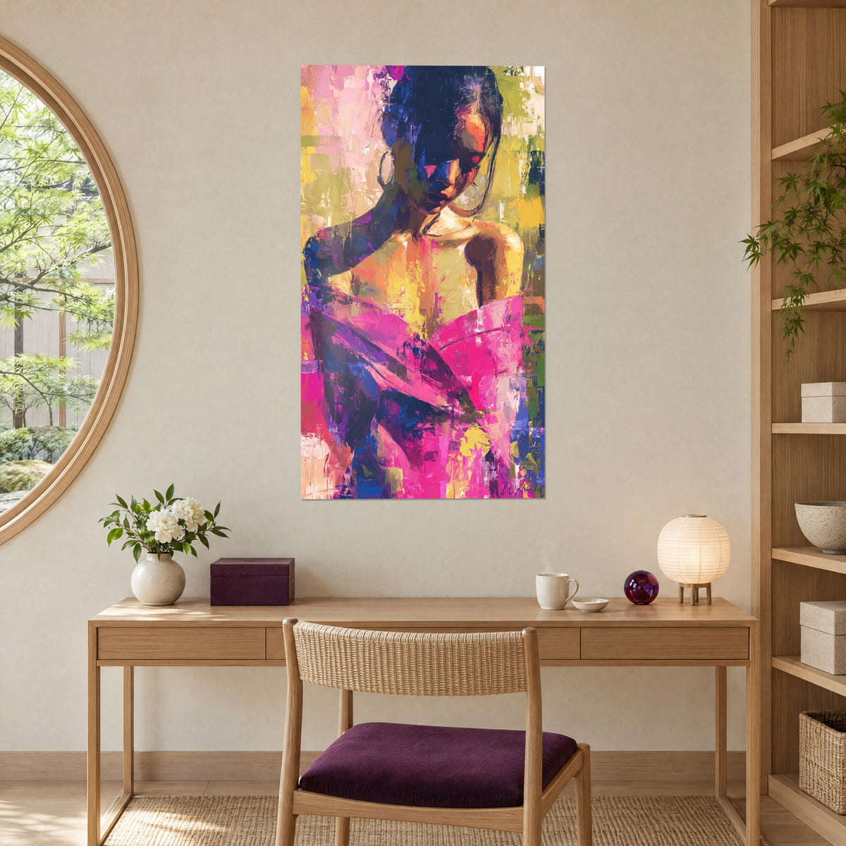 Tableau silhouette féminine en larges aplats rose, violet et jaune citron, accroché au-dessus d'un bureau en bois clair, lampe en papier