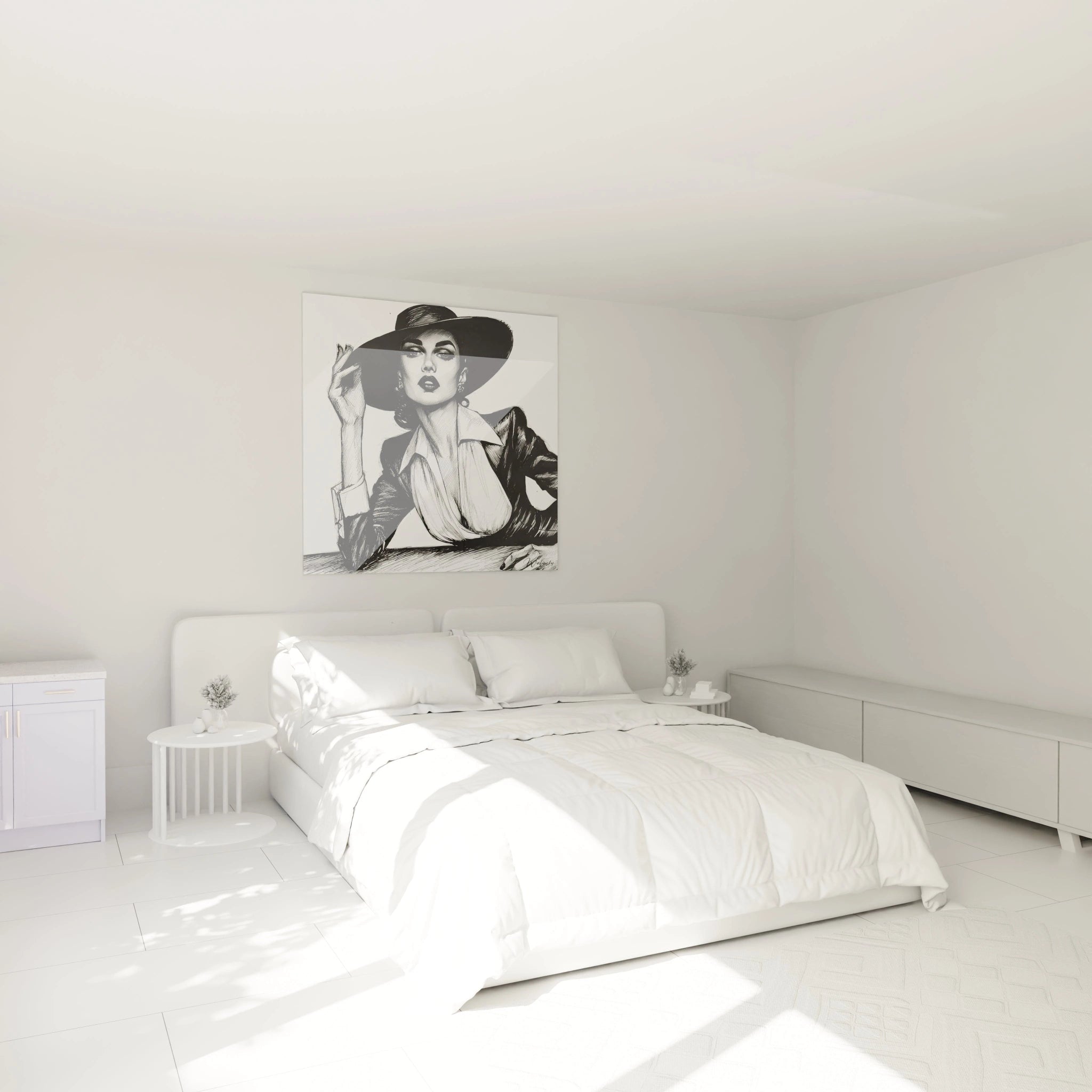 Tableau mode vintage parisienne d'une femme élégante dans une chambre moderne et lumineuse