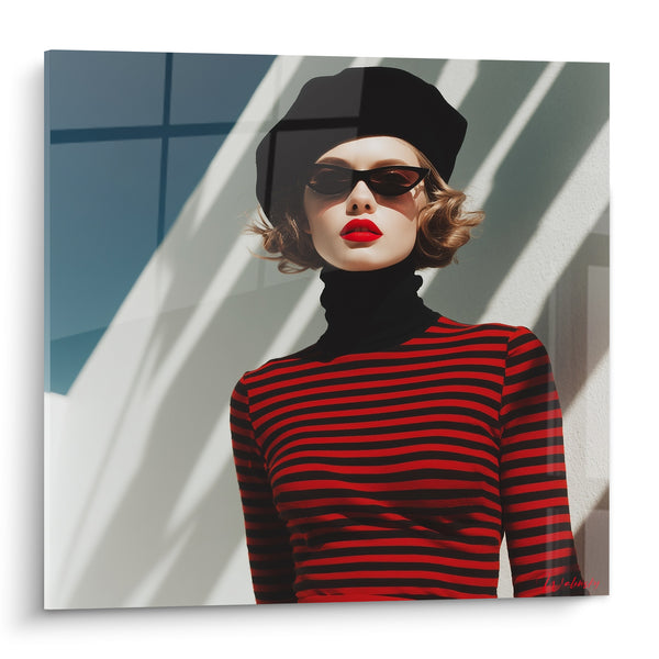 Painting Woman Black Beret Striped Sweater Red - Parisian Flair - Vintage Fashion Edition