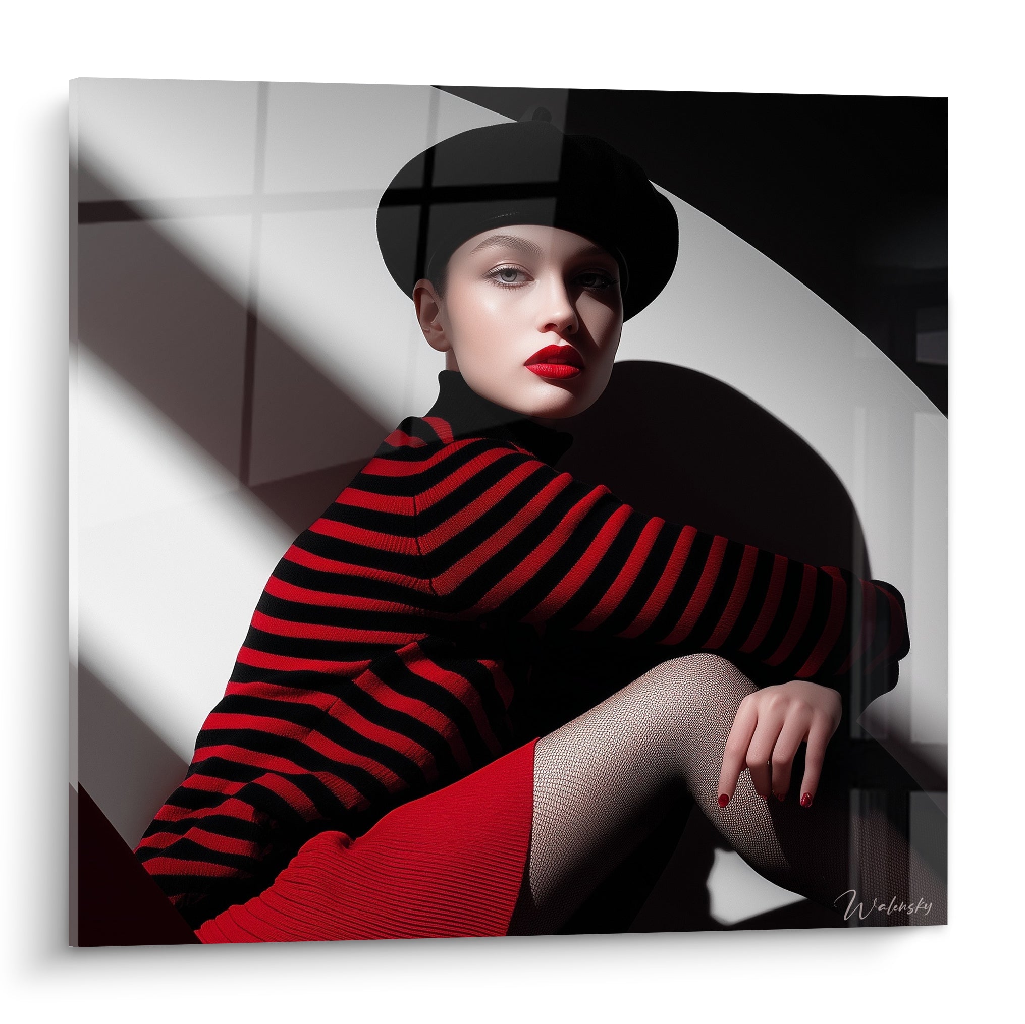 Femme au béret noir et pull rayé rouge et noir, regard direct, ombre diagonale marquée
