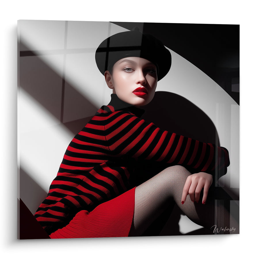 Tableau Femme rouge et noir aux collants résille - Ombre géométrique tranchée - Edition Mode vintage