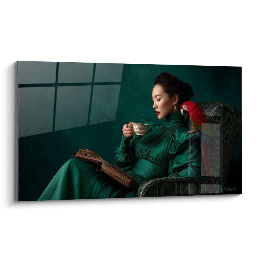 Tableau Femme en robe verte au perroquet rouge - Instant suspendu - Edition Mode vintage