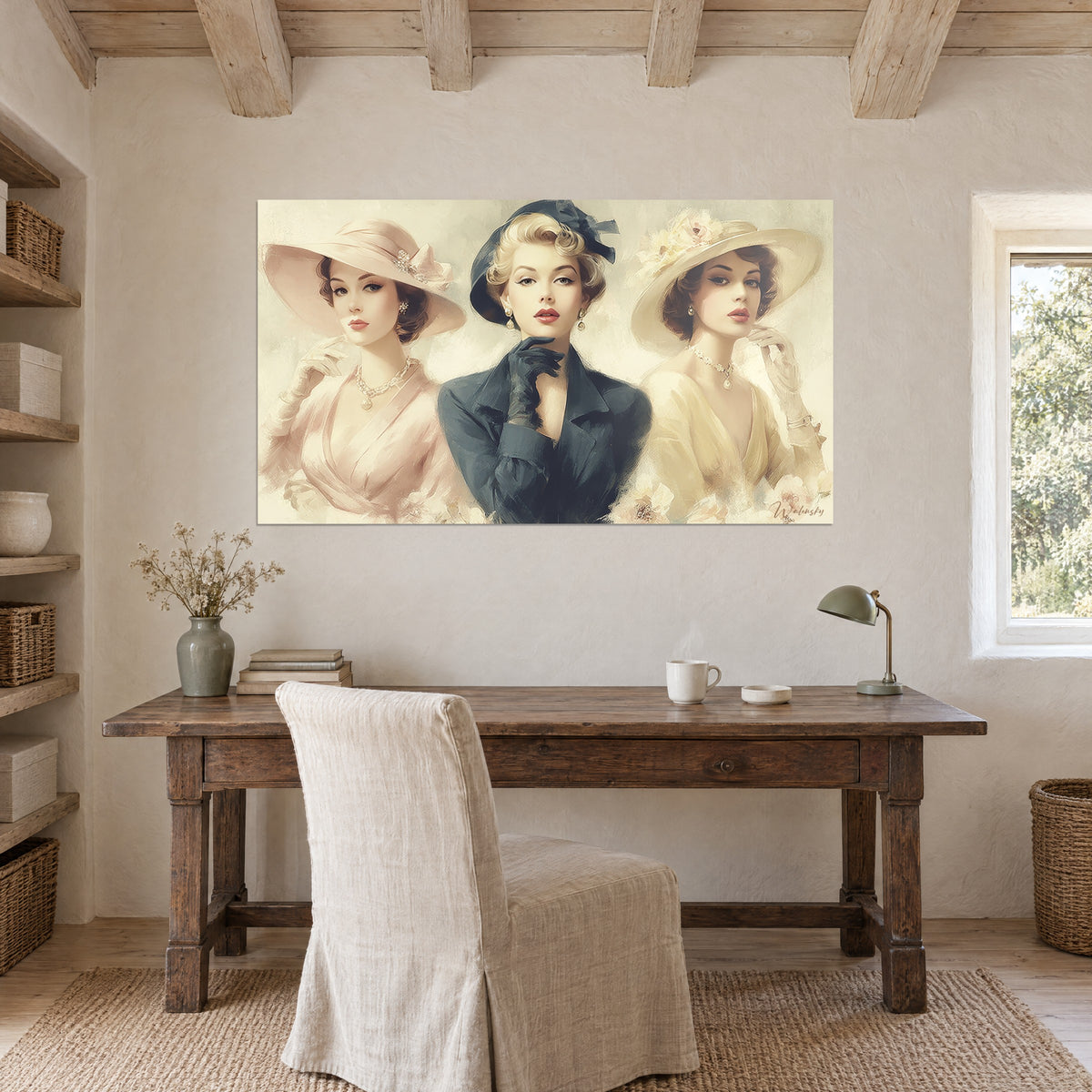 Πίνακας κομψή pin-up με μαύρα γάντια και κόκκινα χείλη, δύο συντρόφισσες με ανοιχτόχρωμα καπέλα, ελεφαντοστού και μπλε, ξύλινο γραφείο κοντά σε παράθυρο