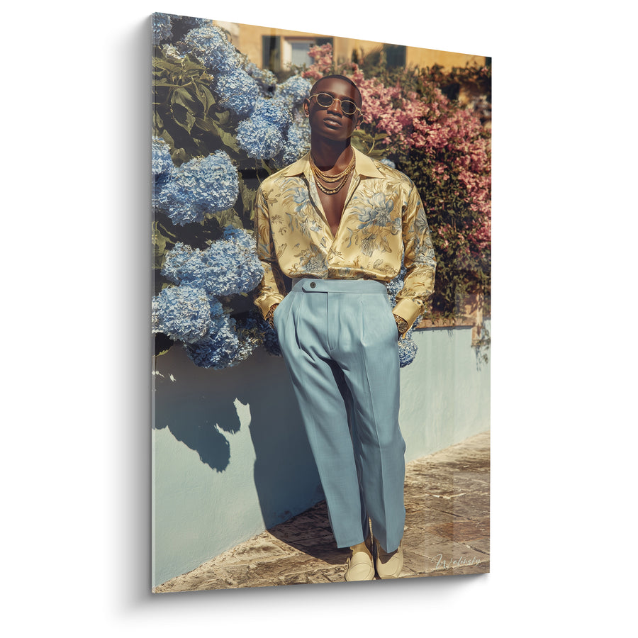 Tableau Homme élégant chemise dorée pantalon bleu ciel - Balade méditerranéenne - Edition Mode vintage
