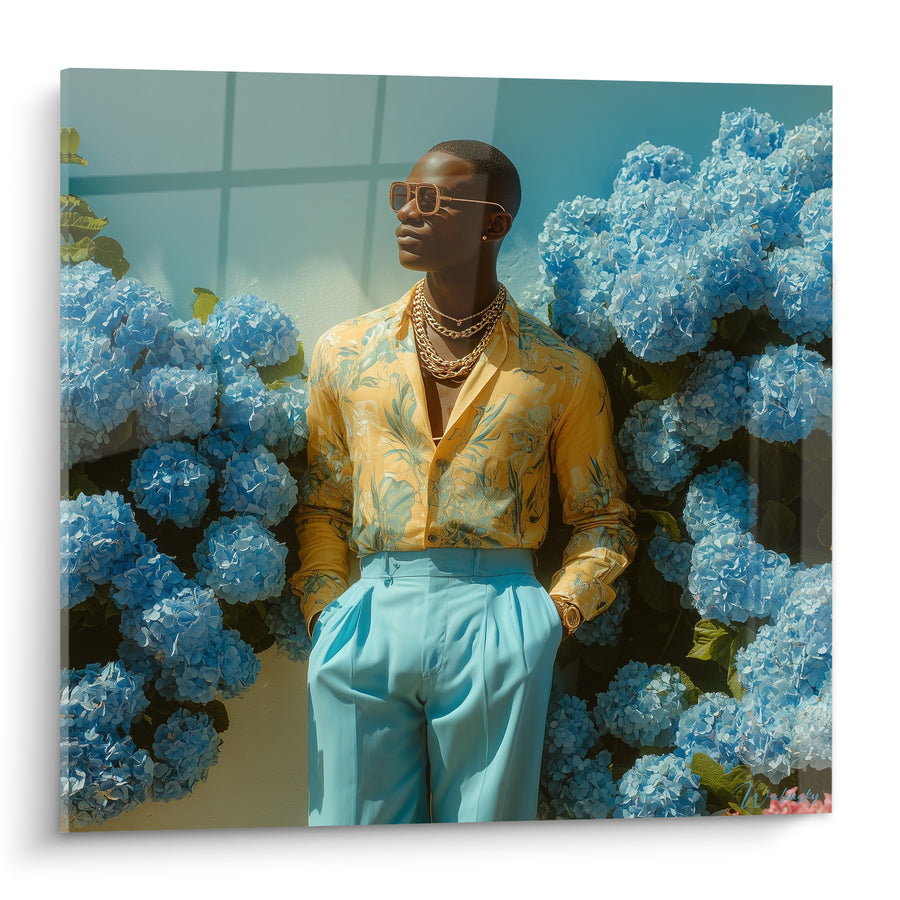Tableau Homme chemise jaune parmi hortensias bleus - Éclat estival - Edition Mode vintage