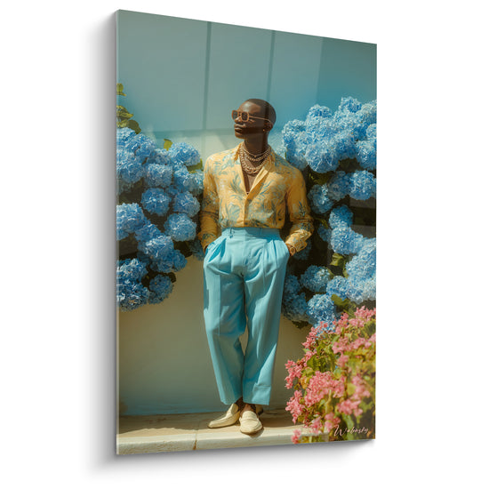 Tableau Homme élégant chemise jaune pantalon bleu ciel - Nonchalance fleurie - Edition Mode vintage