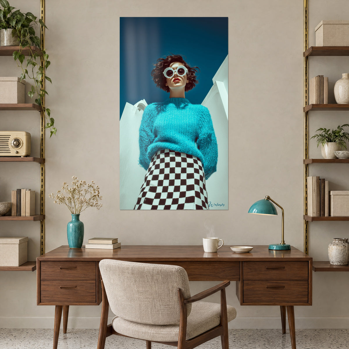 Wall art of an elegant woman in turquoise blue knitwear, brown and white checkered skirt, deep sky, above a wooden desk and shelves