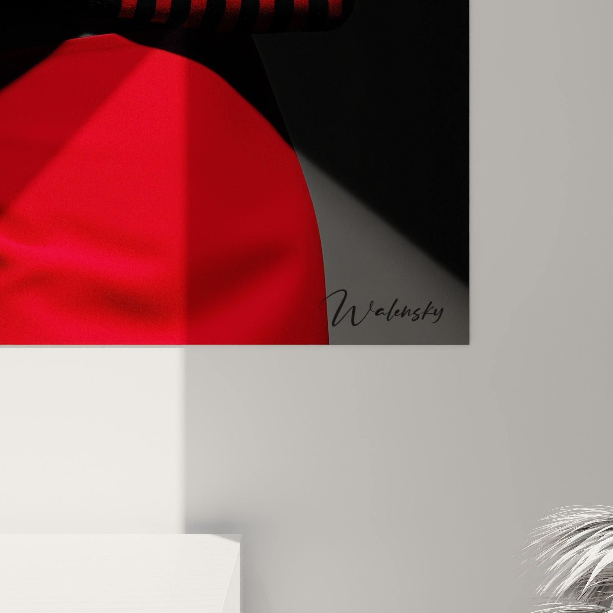 Grain photographique visible sur le rouge fauve et le noir profond de la toile encadrée