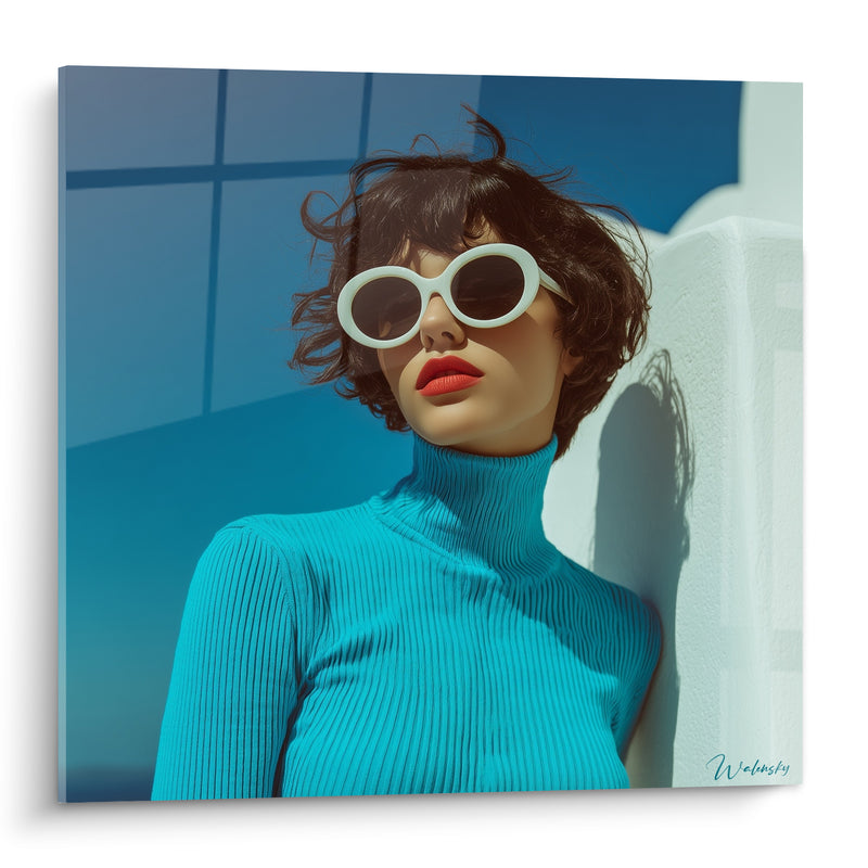Tableau Femme lunettes blanches col roulé turquoise - Élégance solaire - Edition Mode vintage