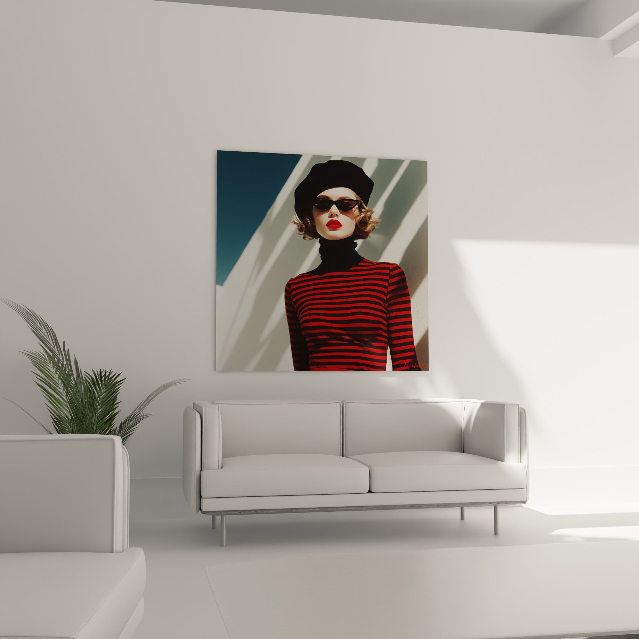 Femme aux lunettes noires et mariniere rouge, œuvre Mode vintage au-dessus d'un canapé dans un salon lumineux