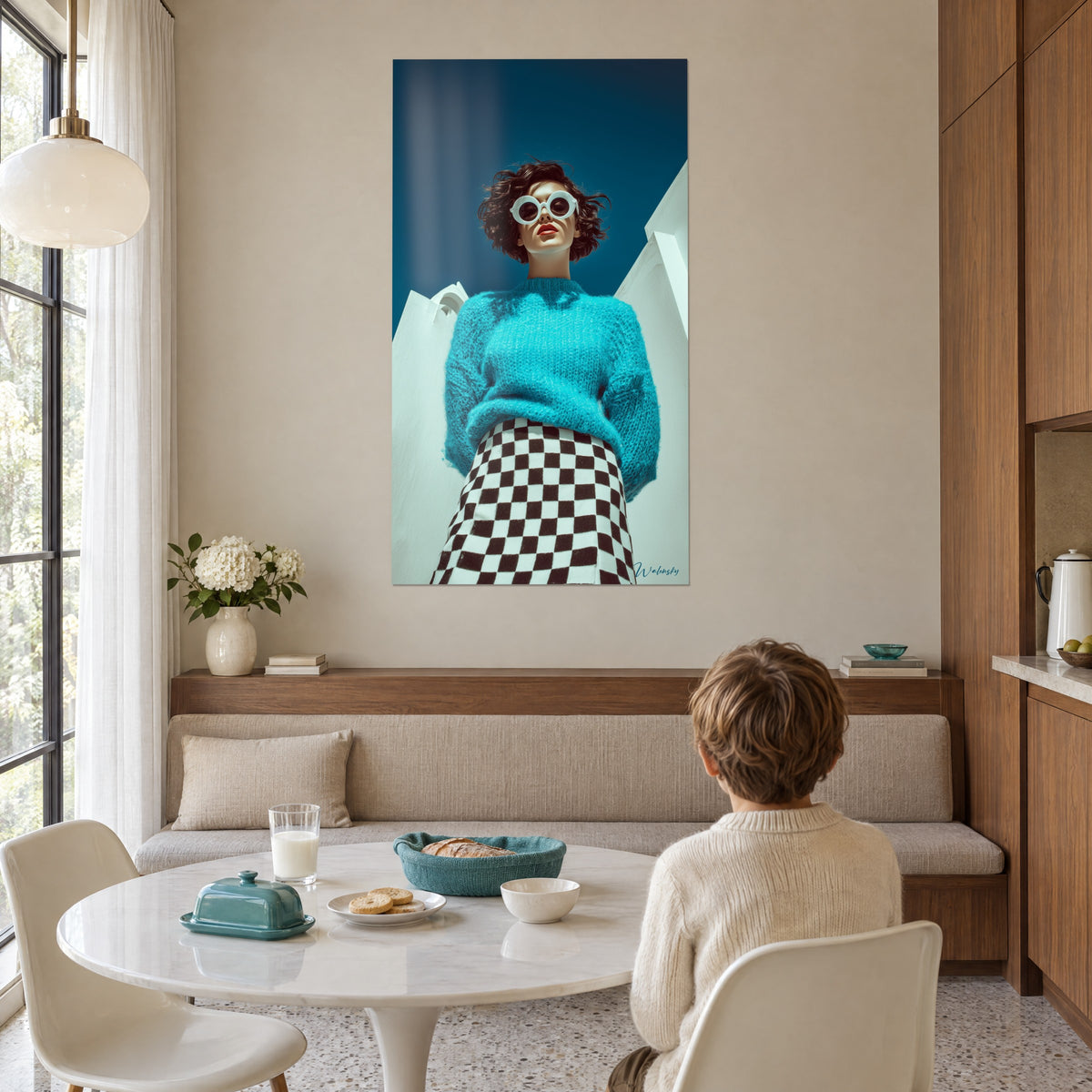 Wall art of a young woman with dark curls, ivory round glasses, checkered skirt, hung above a round white table