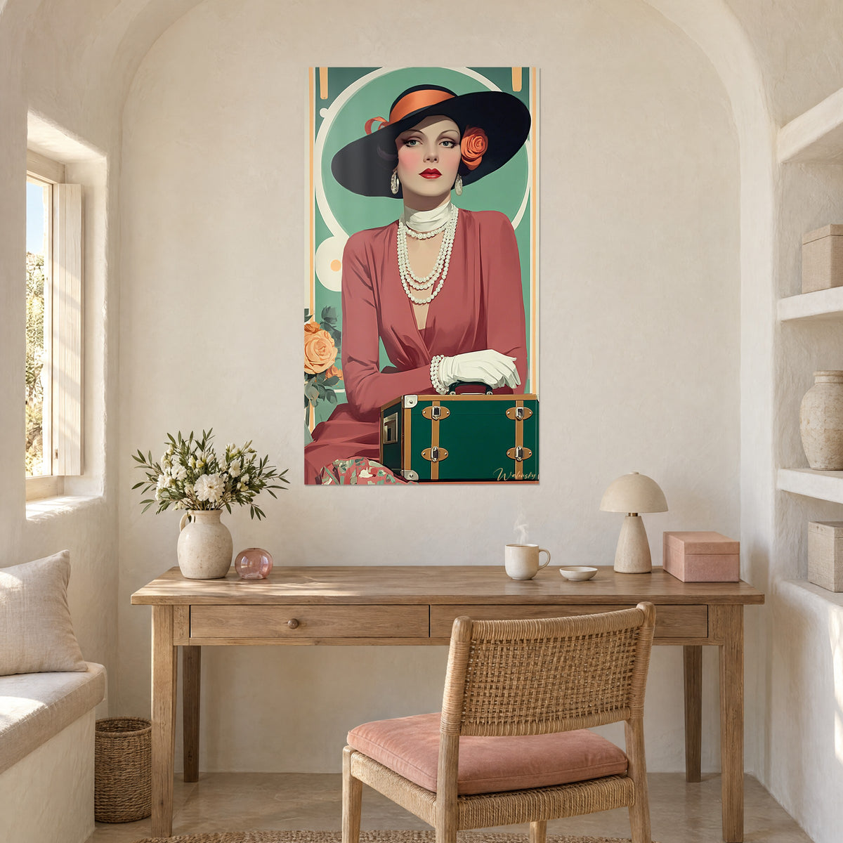 Art deco πίνακας ενός μοντέλου με φαρδύ σκούρο καπέλο, ανθοδέσμη ροδακίνι τριαντάφυλλα, πράσινη βαλίτσα με χάλκινους ιμάντες, πάνω από ένα ξύλινο γραφείο
