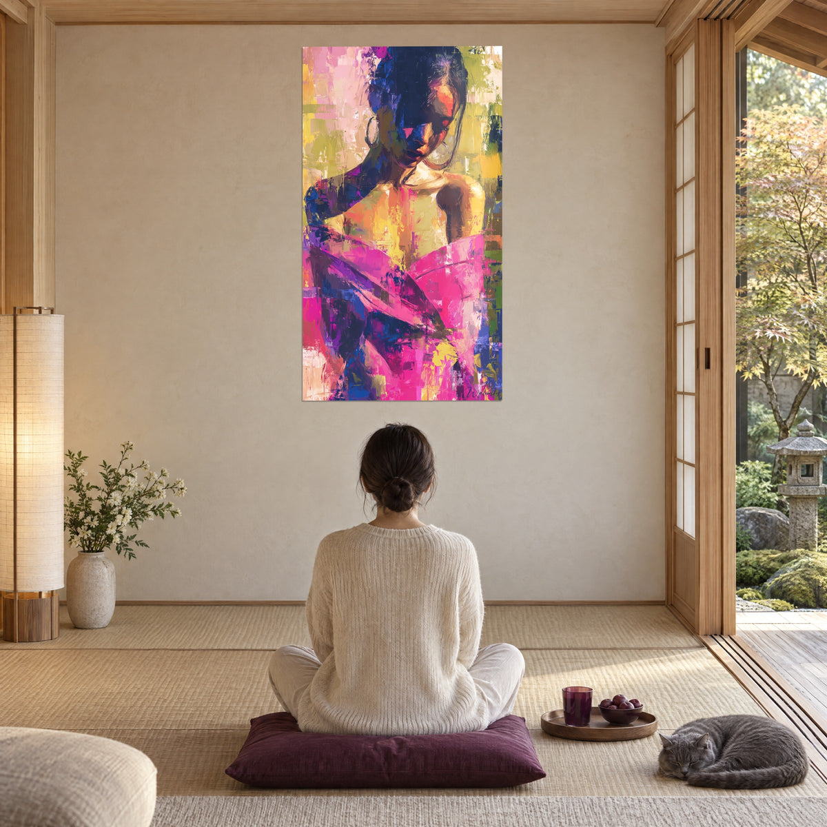 Tableau égérie peinte au couteau, nuque inclinée, rose fuchsia et vert olive, vu depuis un coussin prune où une personne médite près d'un chat