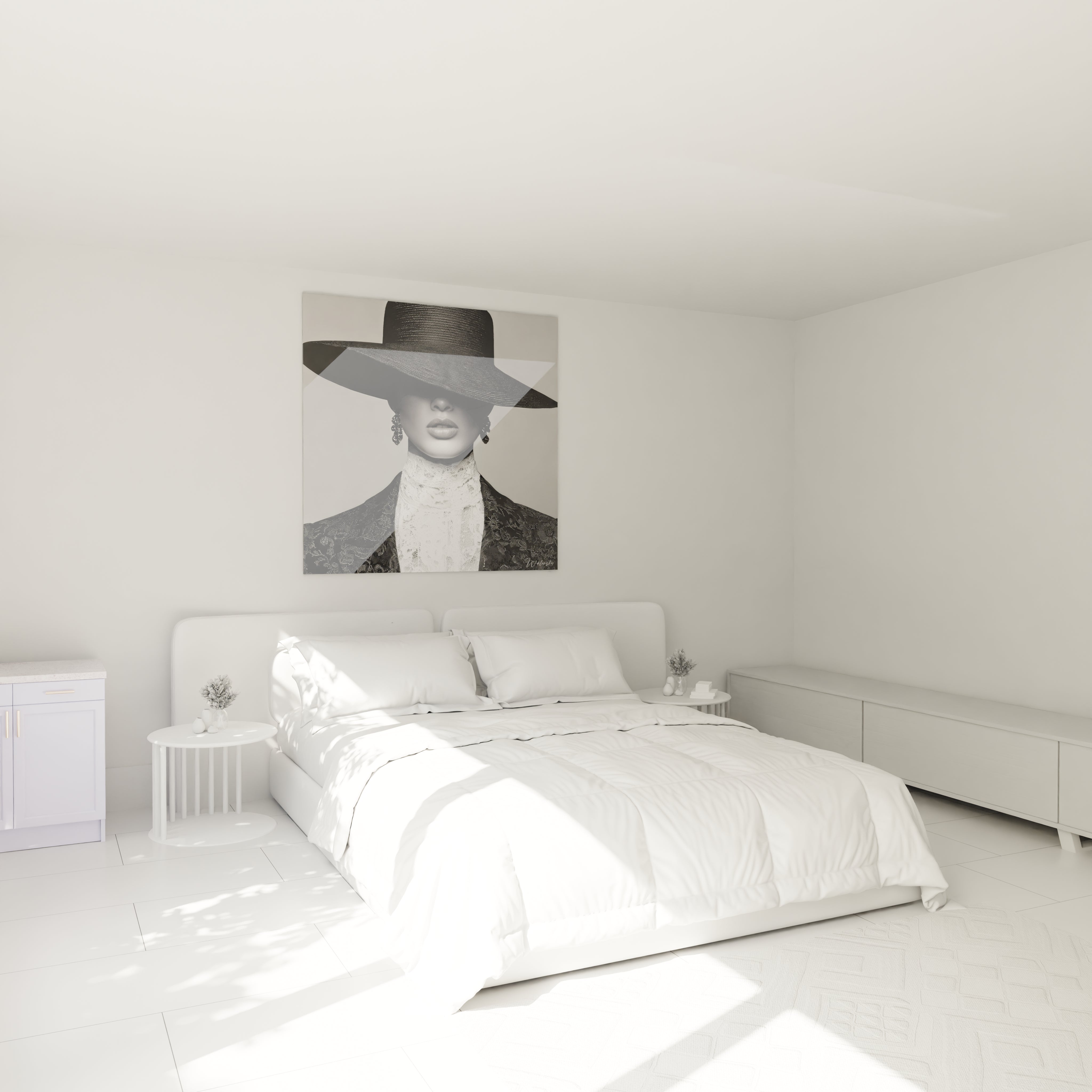 Tableau mode vintage noir et blanc dans une chambre moderne avec lit et décoration minimaliste