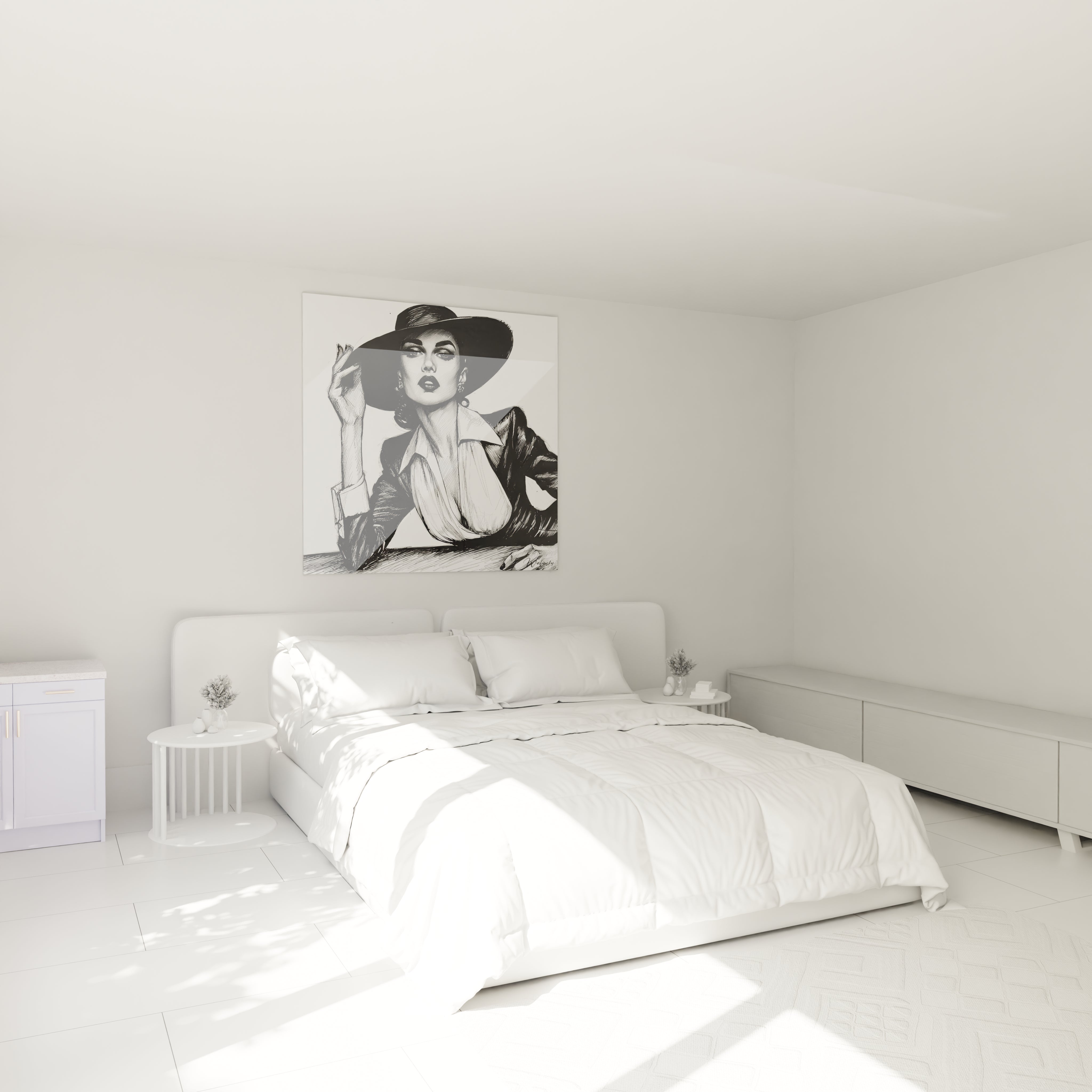 Tableau mode vintage parisienne d'une femme élégante dans une chambre moderne et lumineuse