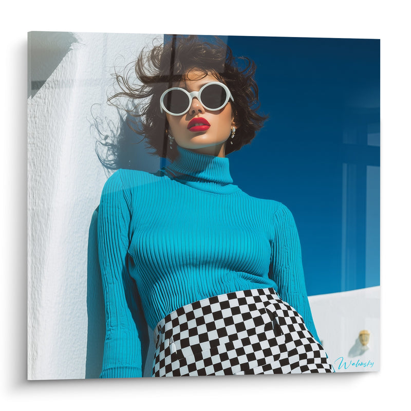 Tableau Femme au pull turquoise et jupe damier - Allure d'été - Edition Mode vintage