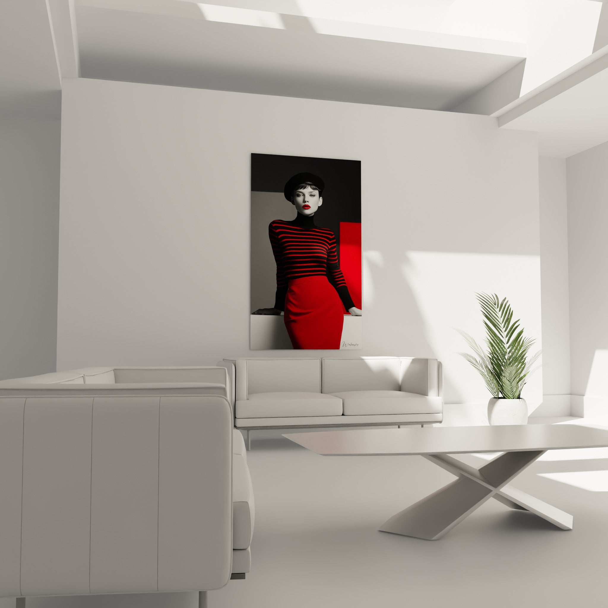 Portrait rétro d'une femme en rouge et noir, pose assurée, positionné au-dessus d'un canapé dans un salon lumineux