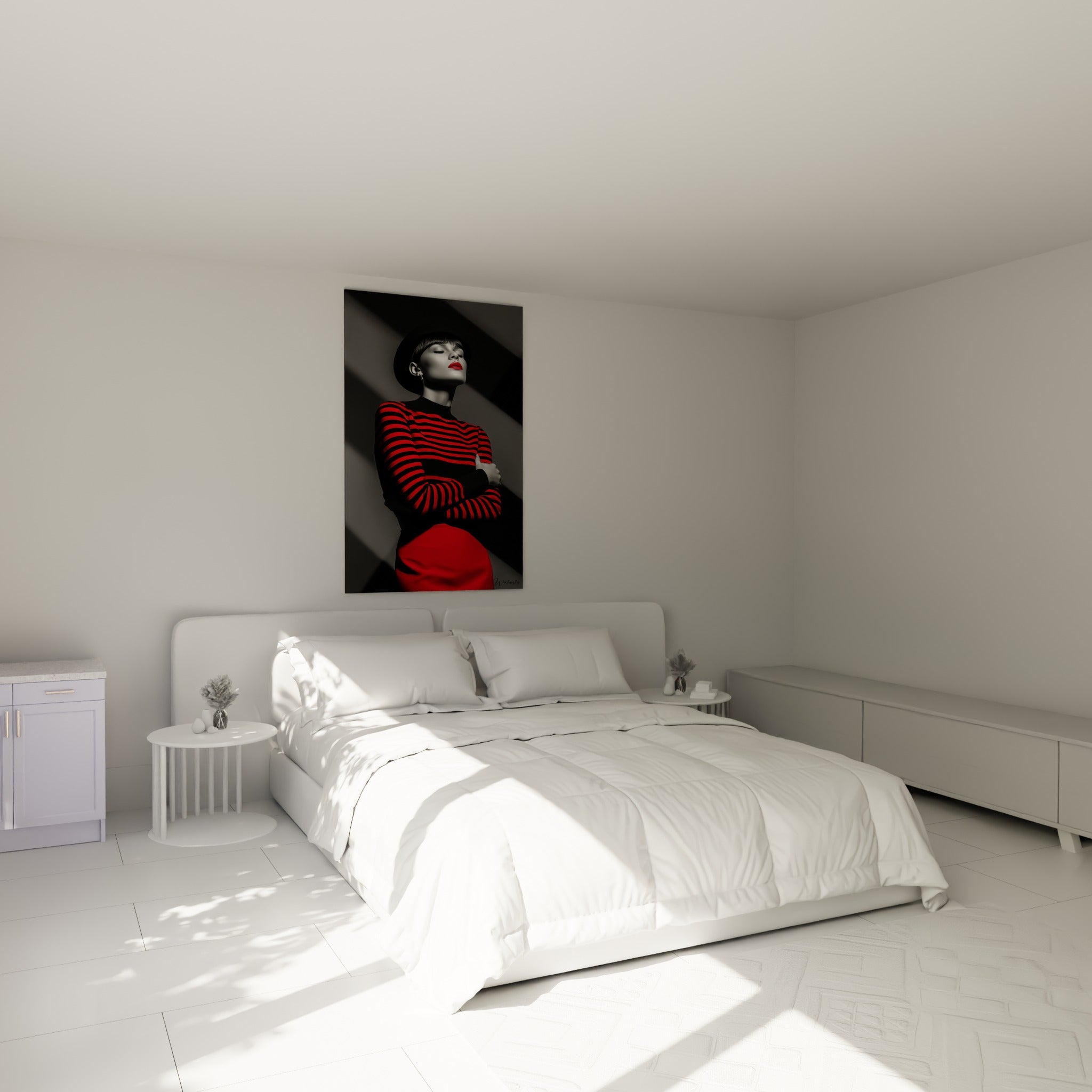 Silhouette élégante en noir et rouge accrochée au-dessus d'un lit dans une chambre claire