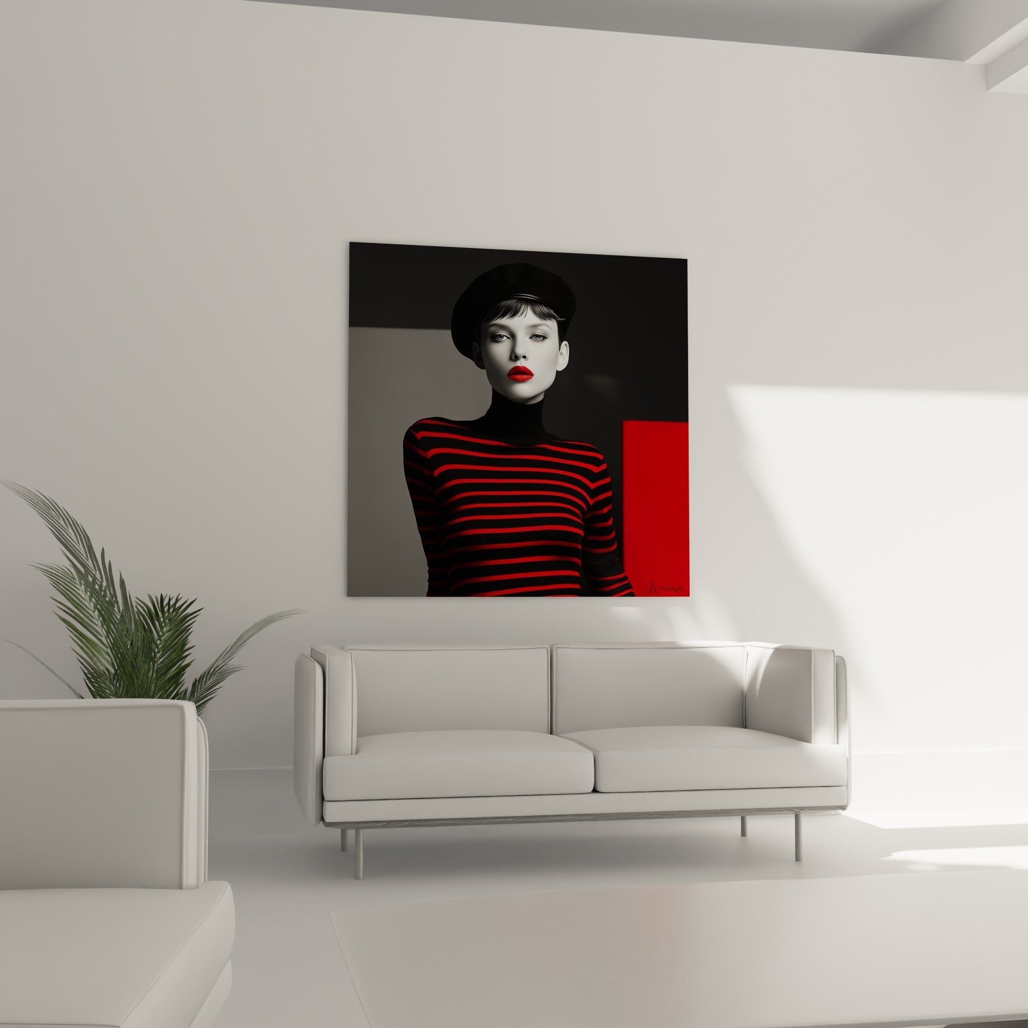 Silhouette élégante en noir, blanc et rouge vif, suspendue au-dessus d'un canapé dans un salon lumineux