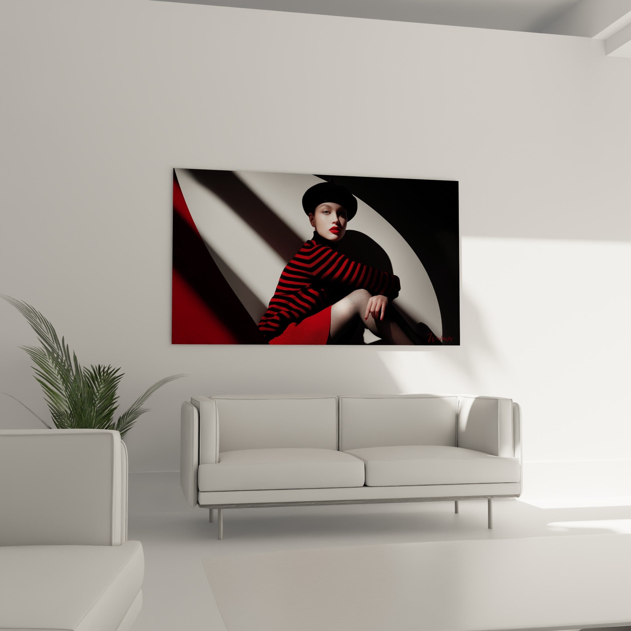 Portrait rayé rouge et noir aux lèvres carmin placé au-dessus d'un canapé dans un salon lumineux