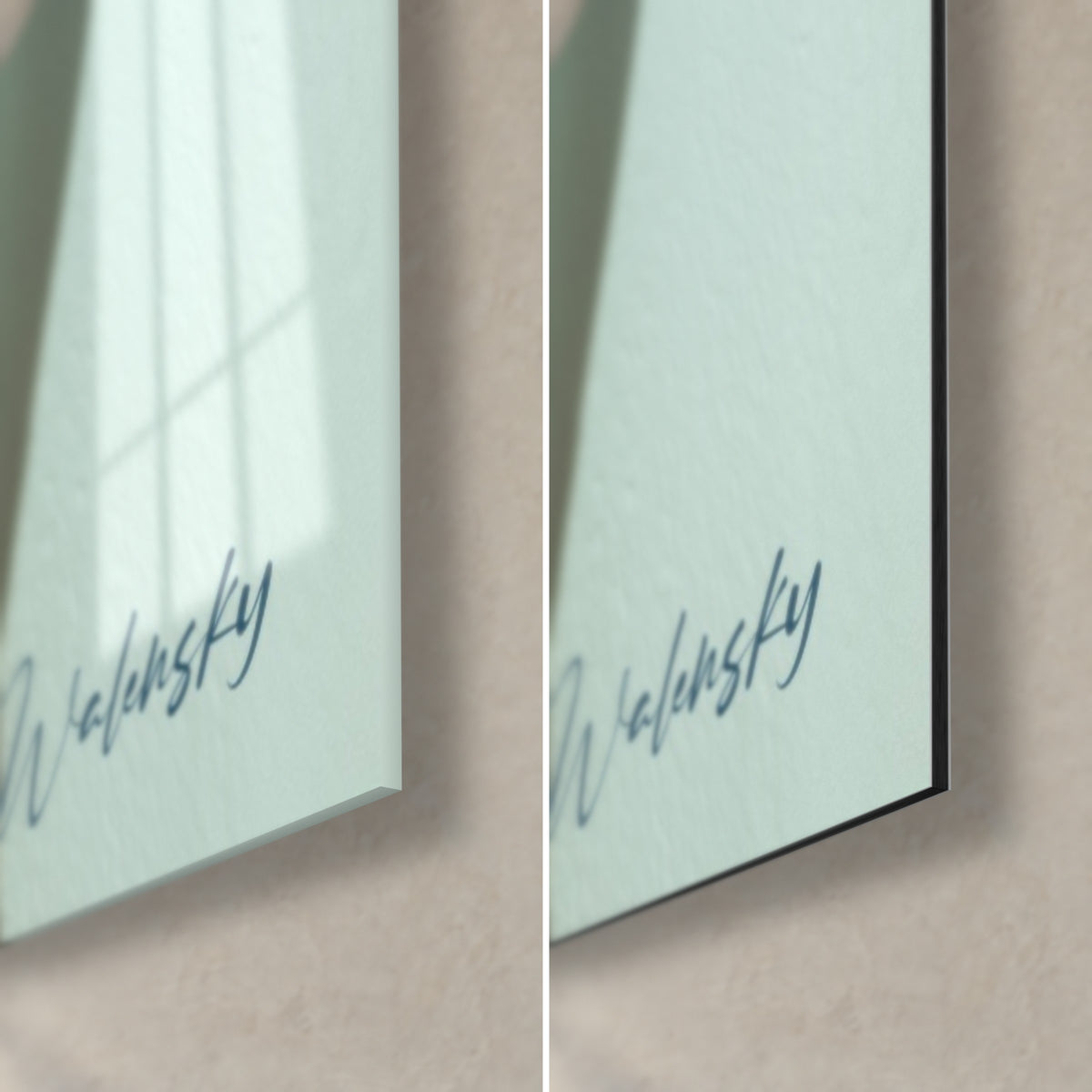 Gemälde eines Modeporträts im Vintage-Stil, untere rechte Ecke: glänzendes Acrylglas links, matte Alu-Dibond-Platte rechts, schwarze Kante von 3 mm