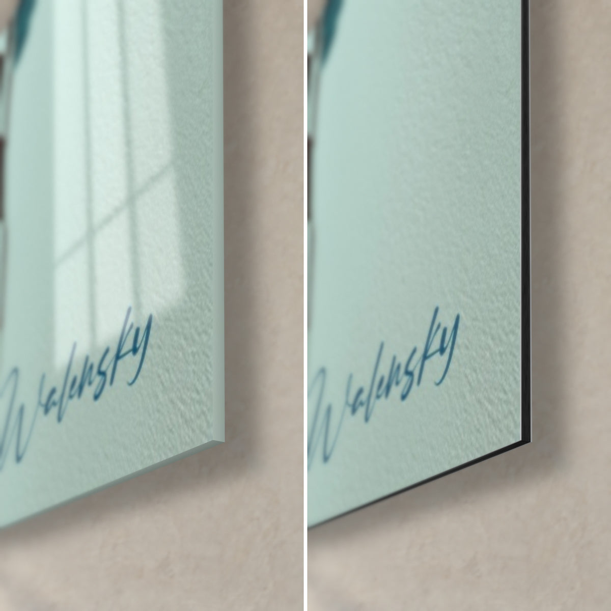 Wall art of a vintage fashion portrait, bottom right corner: glossy acrylic glass and matte black Dibond aluminum, Walensky signature in petrol blue