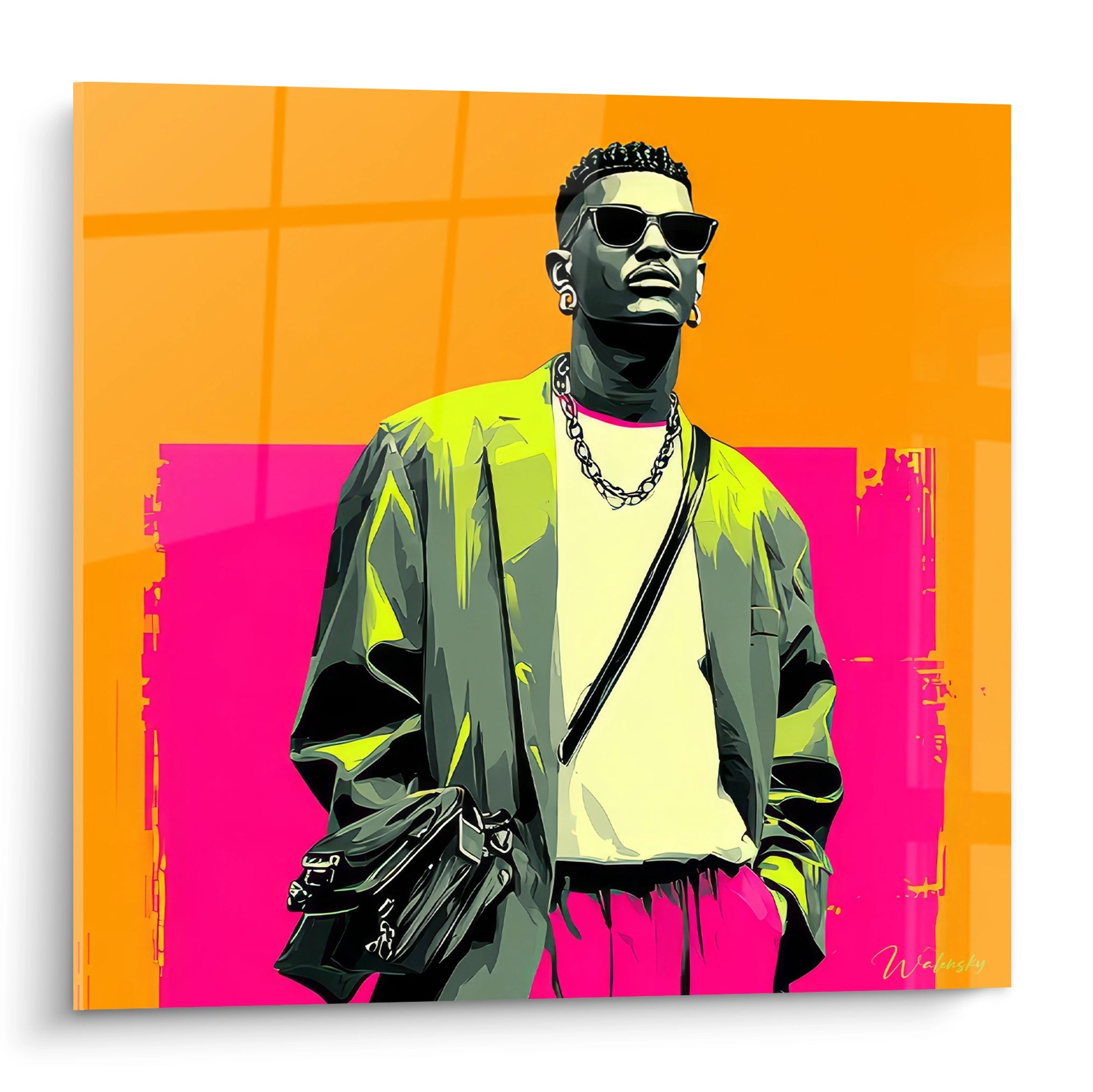 Tableau mural mode vintage urbain avec un homme stylé en lunettes de soleil sur un fond coloré