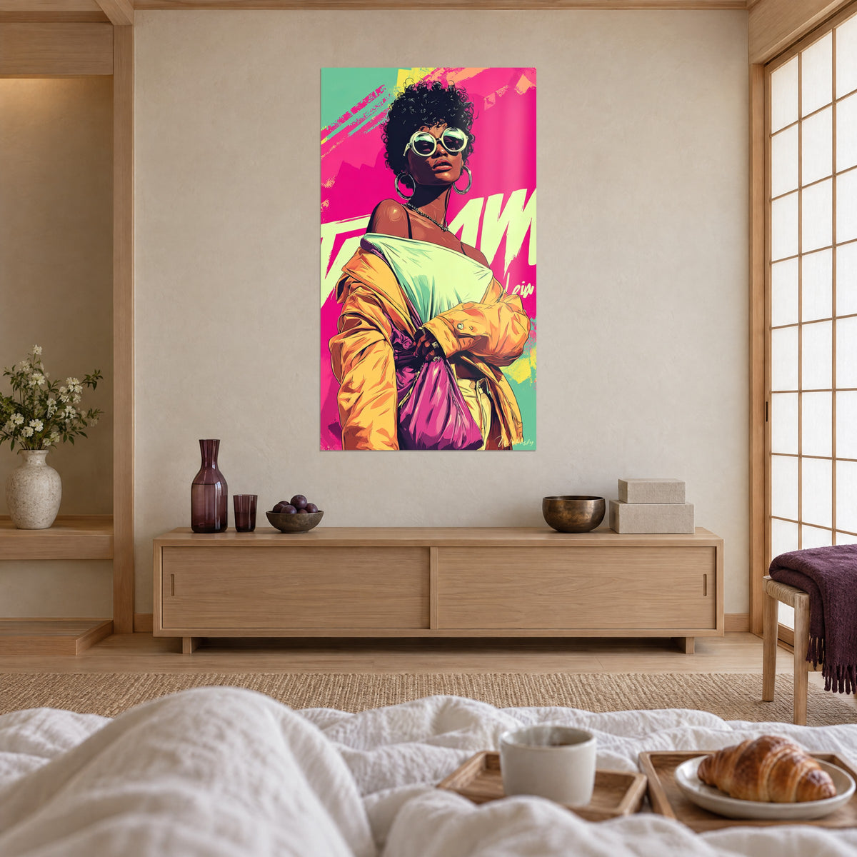 Πίνακας νεαρή γυναίκα με afro χτένισμα και μωβ τσάντα, πορτοκαλί δερμάτινο μπουφάν σε έντονο ροζ φόντο, πάνω από κρεβάτι σε φωτεινή κρεβατοκάμαρα