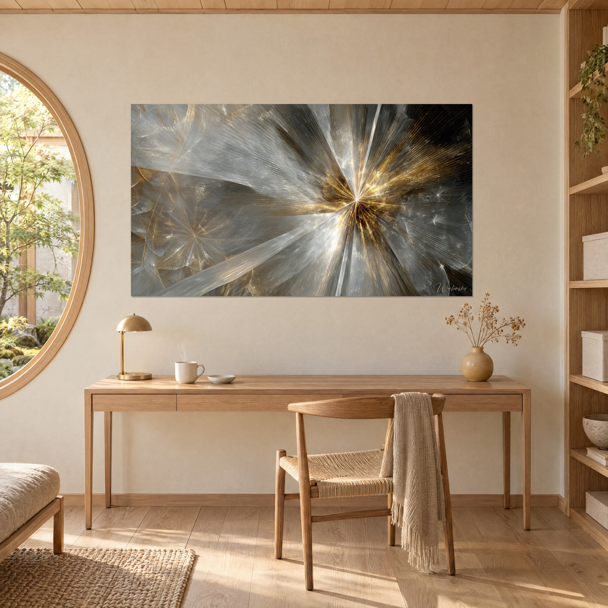 Cuadro de supernova abstracta en oro y gris nacarado, colgado sobre un escritorio de madera clara y una lámpara, cerca de una ventana redonda