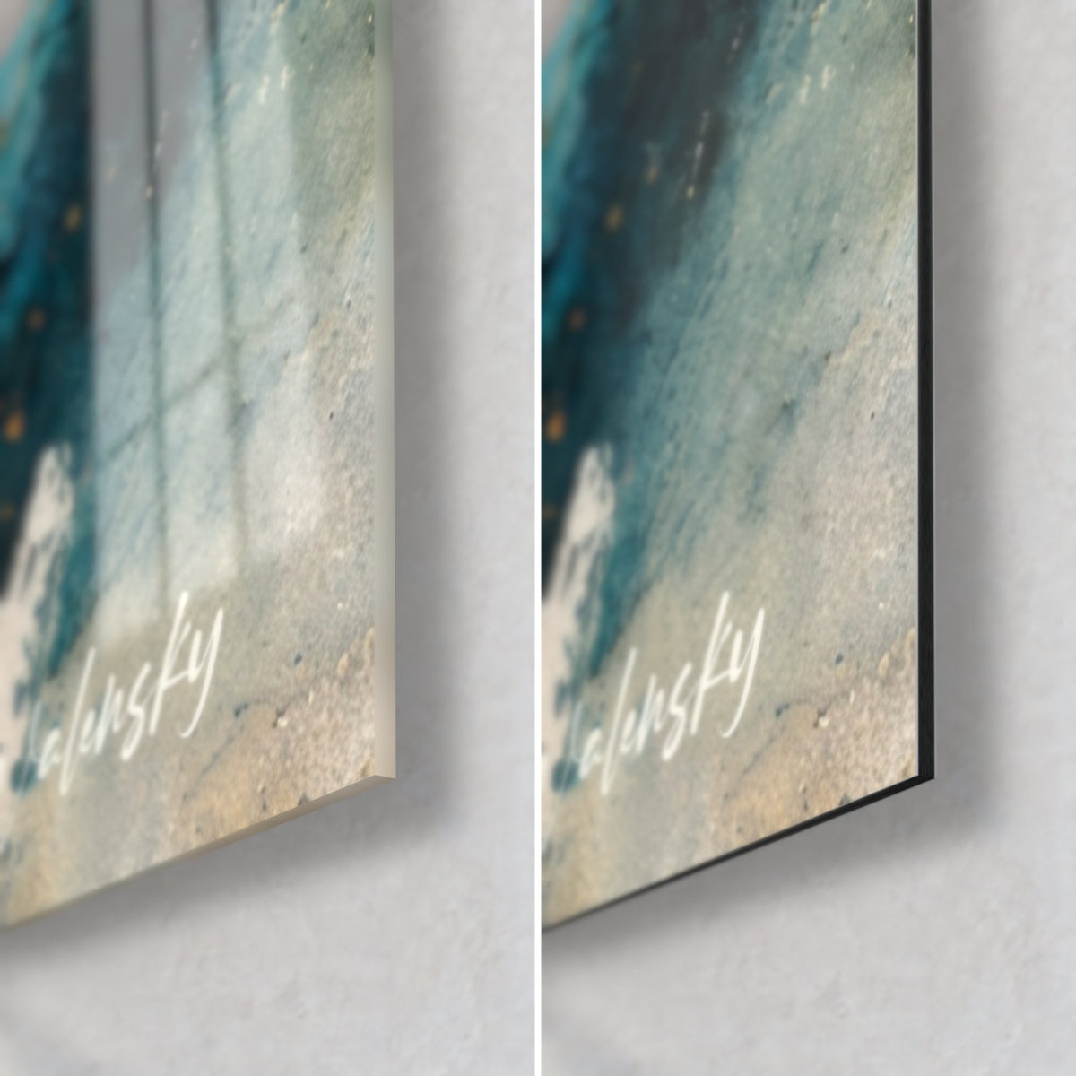 Tableau houle bleu canard et dorures, coin bas droit : verre acrylique brillant reflétant, Dibond noir mat, tranche 3 mm