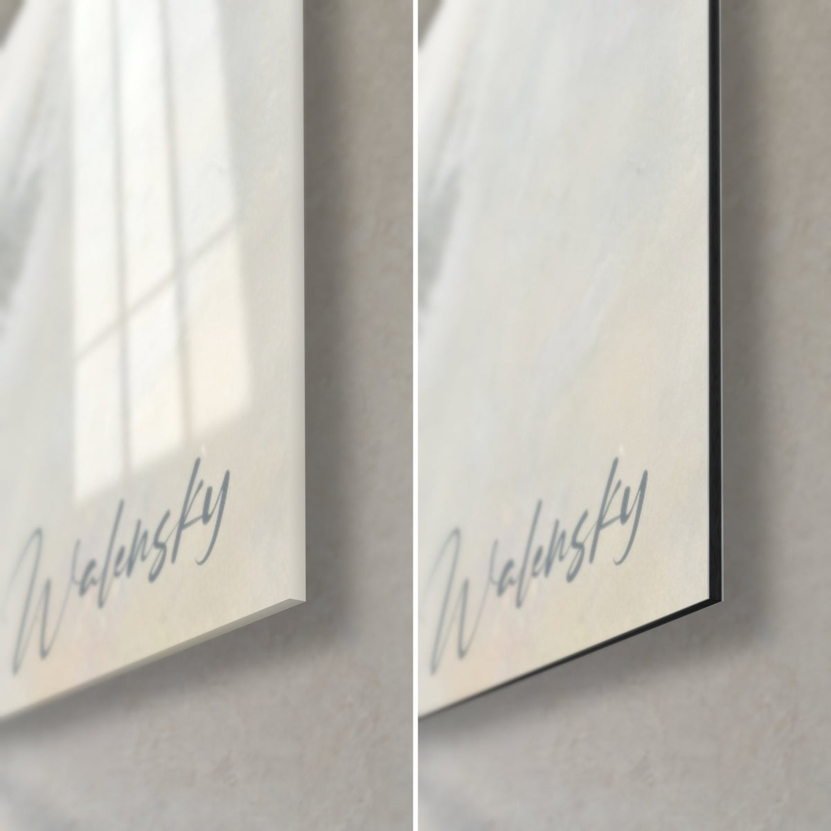 Gemälde mit schillernder Blase in perlmuttweiß und Gold, untere rechte Ecke: glänzendes Acrylglas links, mattes Dibond-Aluminium rechts, 3 mm Kante