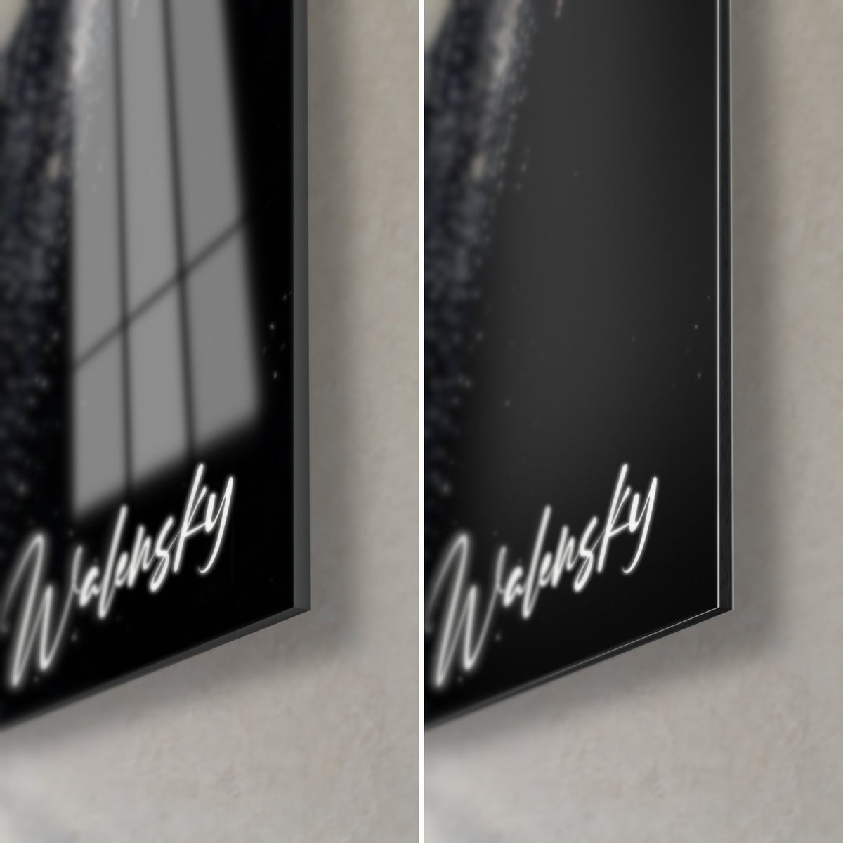 Tableau abstrait noir et or, coin bas droit : verre acrylique brillant à gauche, alu Dibond mat à droite, tranche de 3 mm