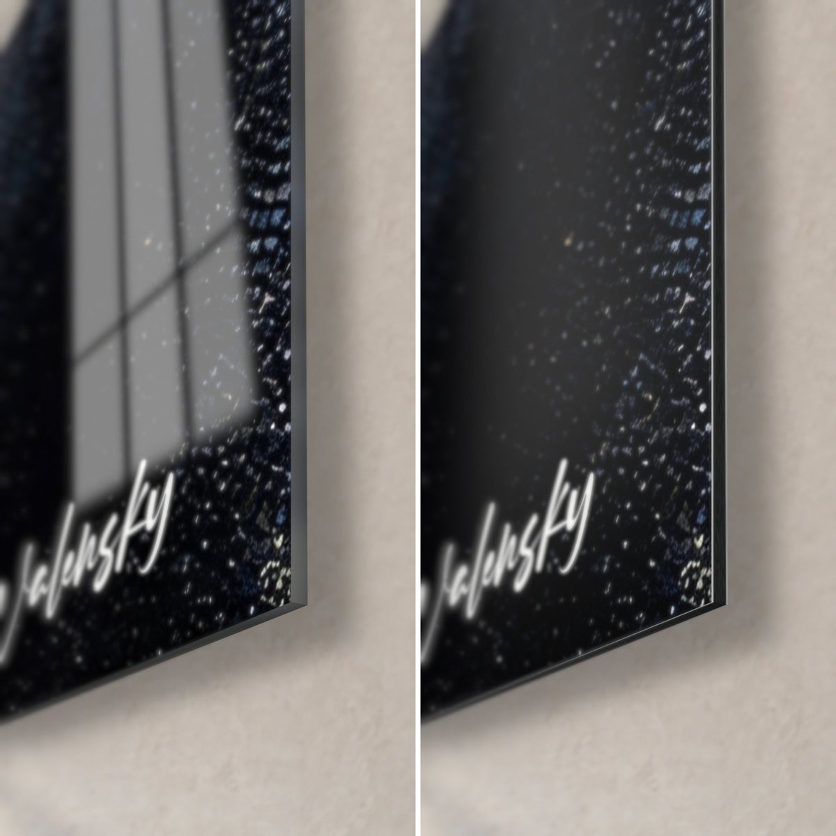 Schilderij abstract zwart en goud, rechtsonder hoek: glanzend glas dat het raam weerspiegelt, mat korrelig Dibond, rand van 3 mm