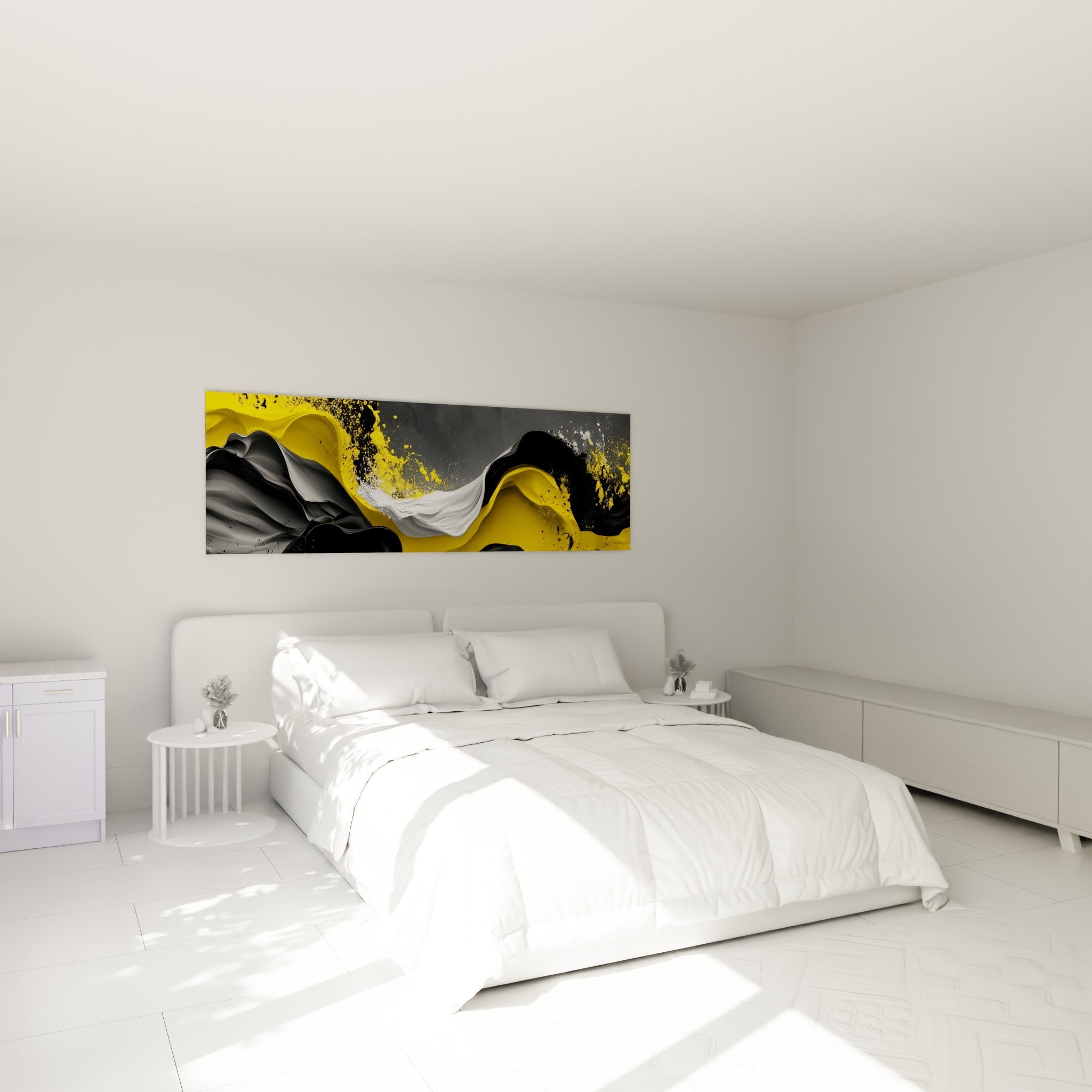 Coulées jaunes et noires du tableau moderne abstrait accrochées au-dessus d'un lit dans une chambre claire