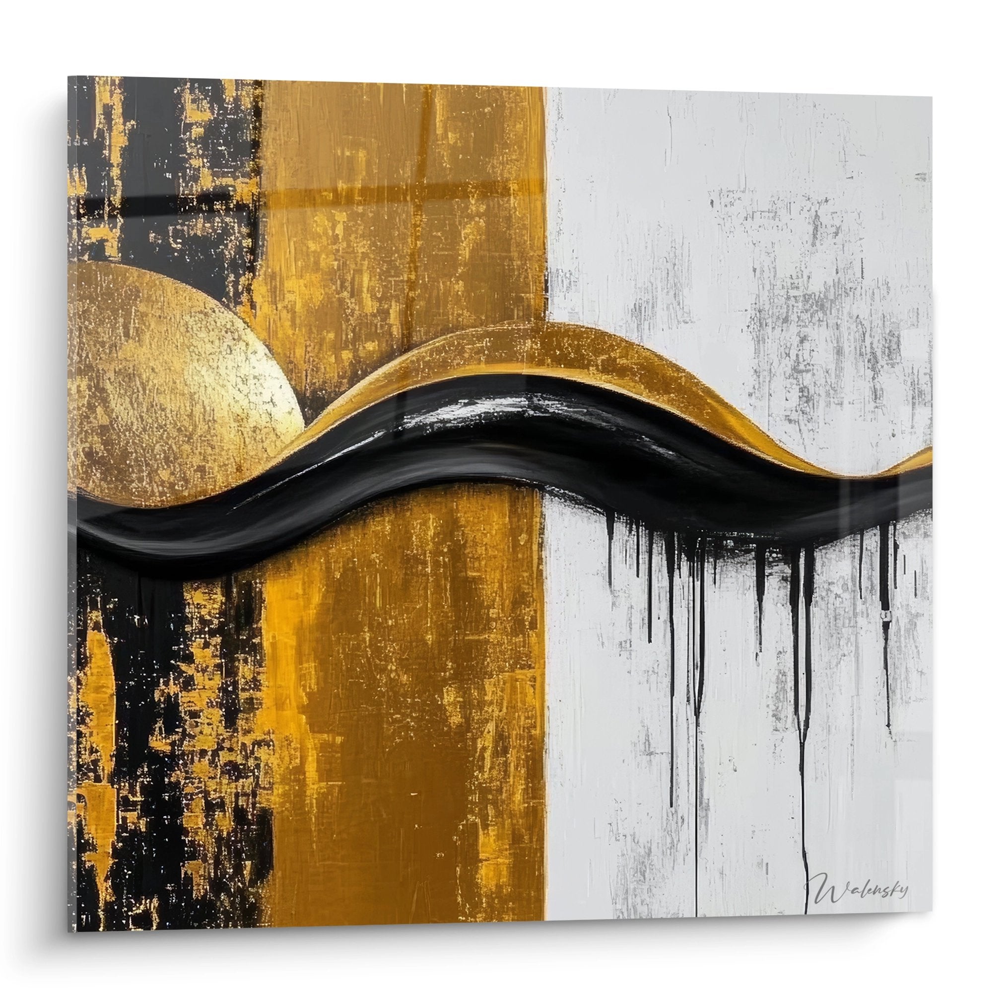 Tableau moderne abstrait coulée liquide dorée sur fond texturé noir et blanc, art mural contemporain décoratif
