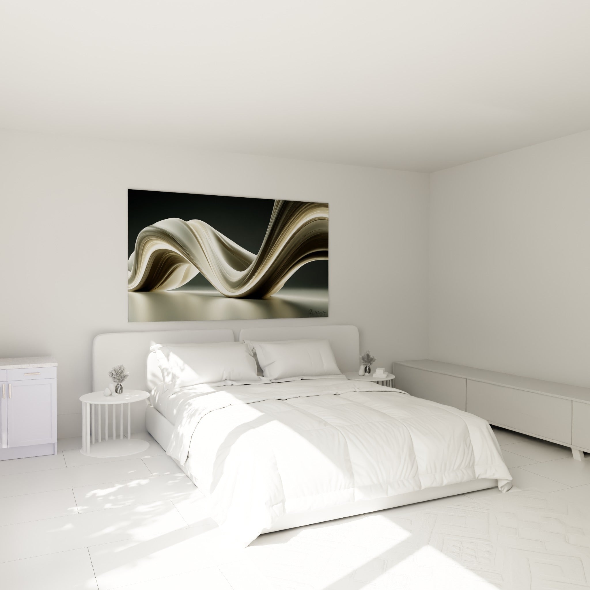 Courbes ivoire et anthracite du tableau Moderne abstrait au-dessus d'un lit dans une chambre claire