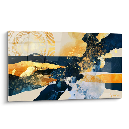 Tableau Éclipse dorée aux vagues bleu marine - Éveil cosmique - Edition Moderne abstrait