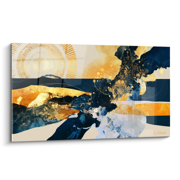 Tableau Éclipse dorée aux vagues bleu marine - Éveil cosmique - Edition Moderne abstrait